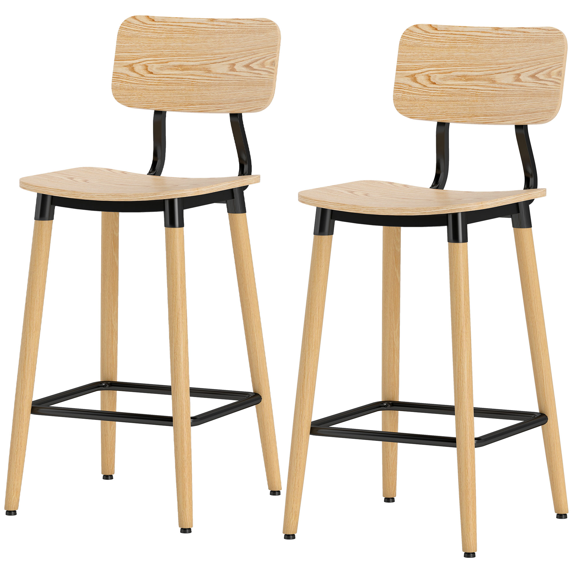 2er-Set Barhocker mit Rückenlehne, Barstühle für Hausbar, Kücheninsel, Esszimmer, Holz, Metall, Hellbraun