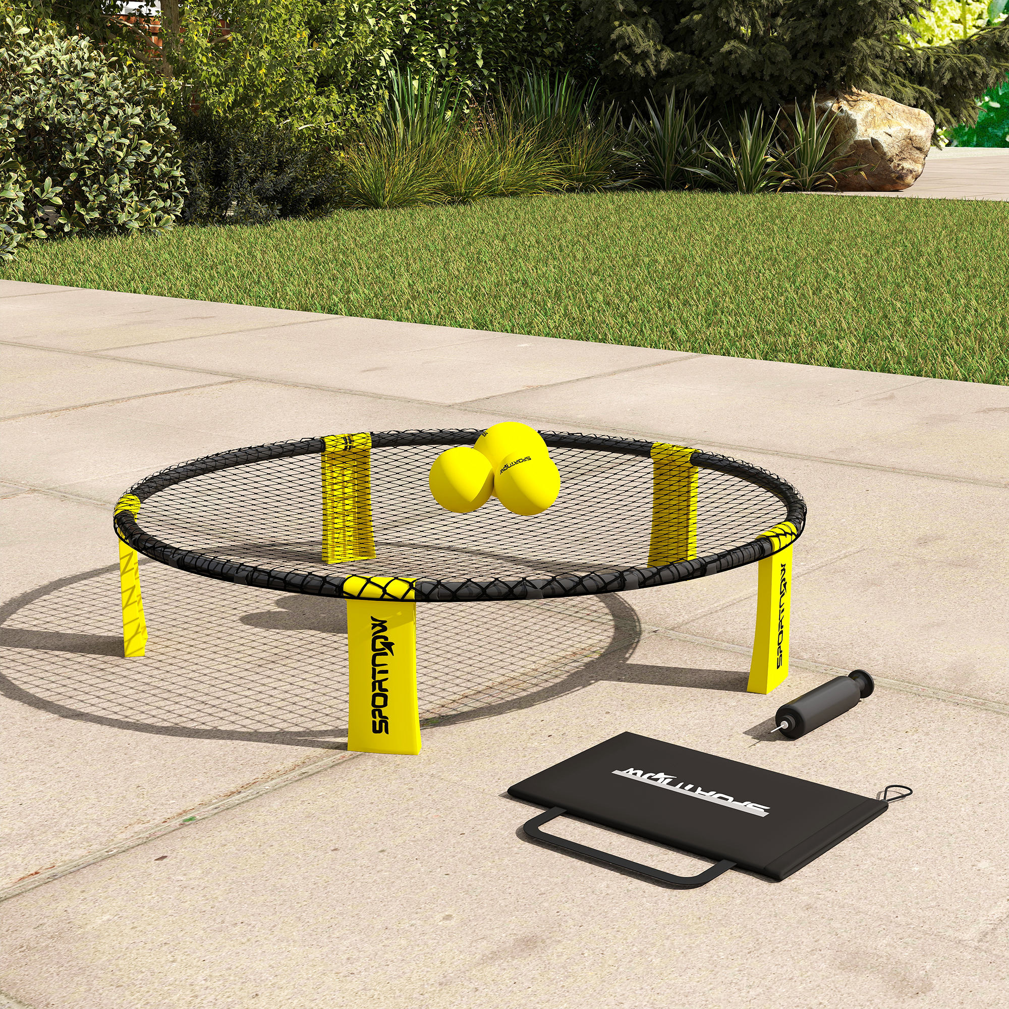 Roundnet Set Spieleset mit Spielnetz 3 Bällen Tragetasche Ballpumpe Spikeball Set Ø92 x 20 cm Gelb