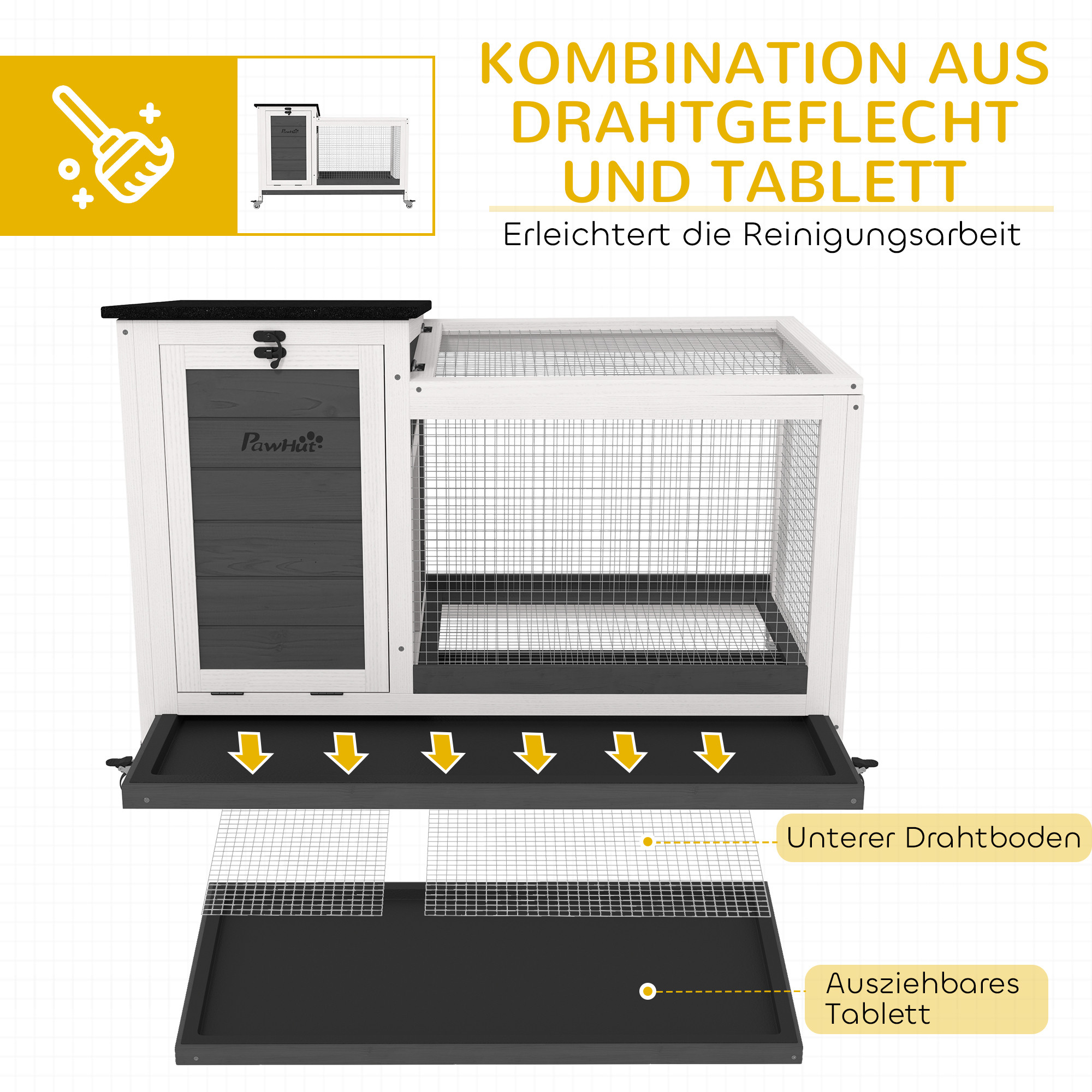 Kaninchenstall aus Holz Hasenstall mit Freilaufgehege Rädern Klappdach für Innen, draußen 92 x 52 x 67 cm Dunkelgrau