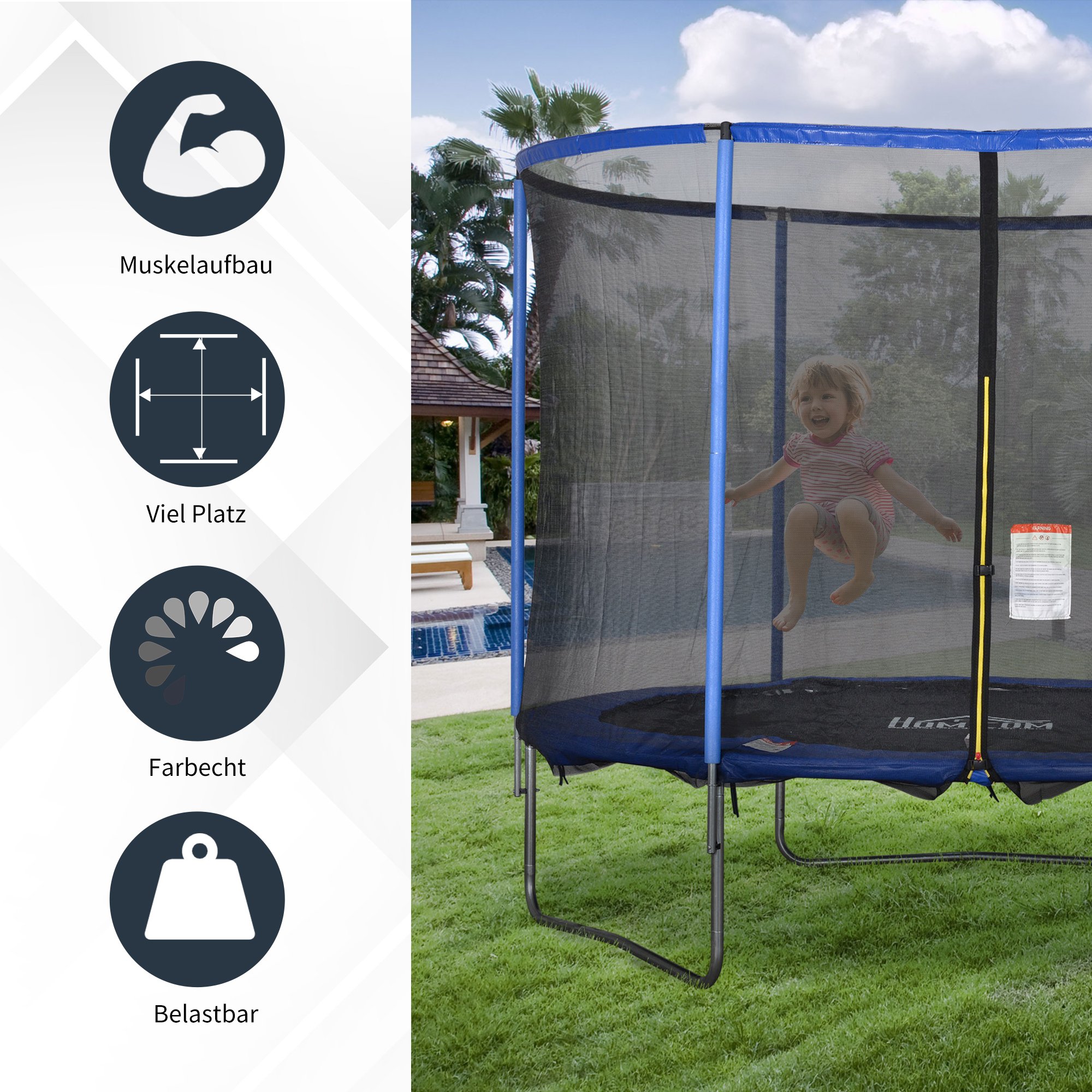 Trampolin mit Sicherheitsnetz Gartentrampolin für Innen- und Außenbereich Fitnesstrampolin für Kinder und Erwachsene Stahl Blau+Schwarz bis 113,6 kg Ø305 x 248H cm
