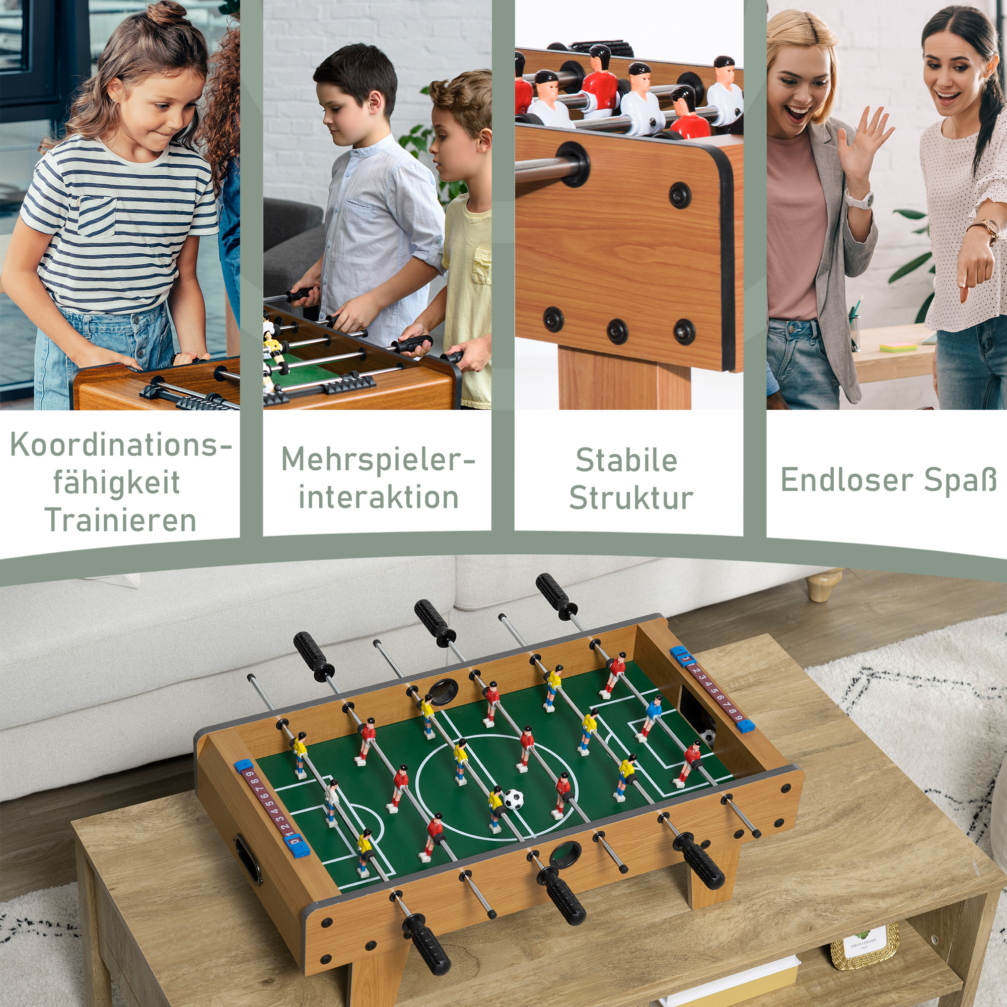 Tischfußball-Set, Kicker-Tisch, kompakte Holzstruktur, 2 Bälle, Scoreboards, Braun