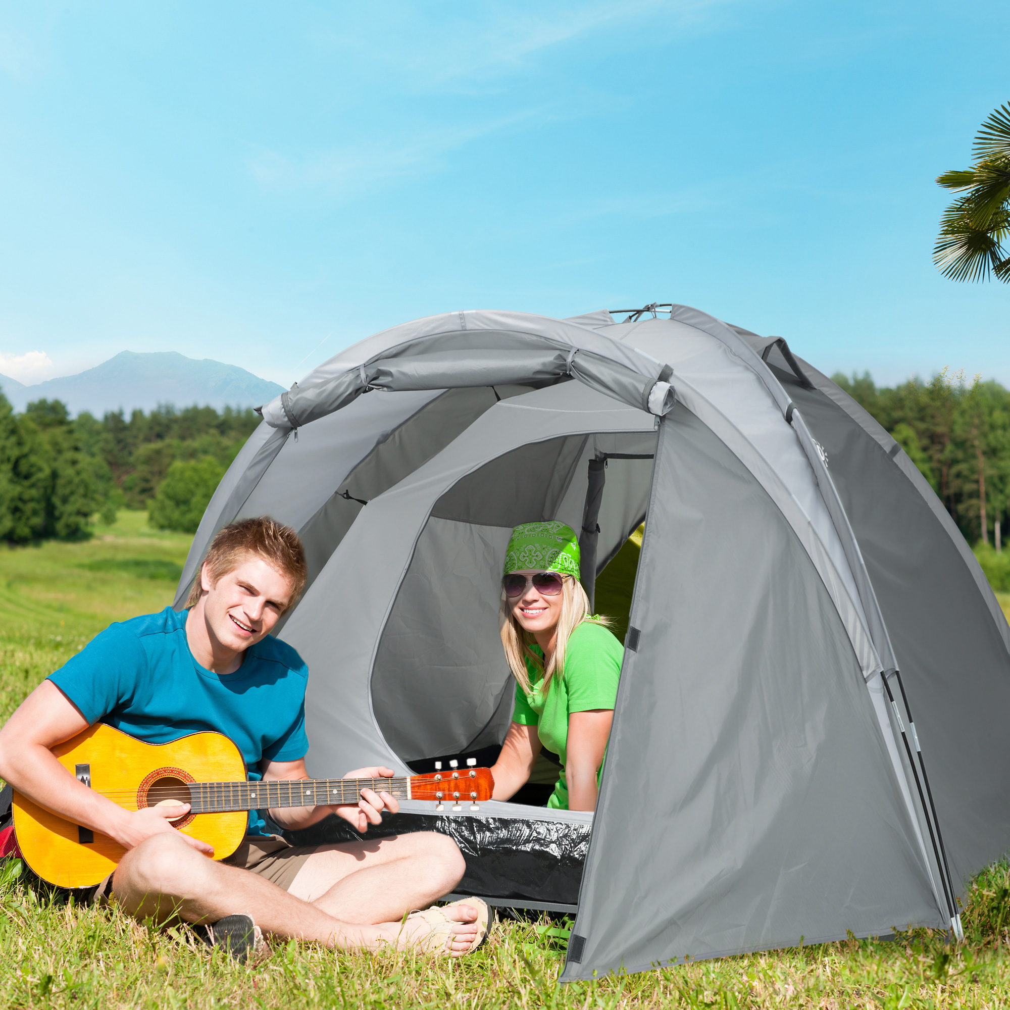 Campingzelt für 2-3 Personen Glasfaser Tür mit Reißverschluss Meshfenster inkl, Transporttasche Kuppelzelt 190T Kunstleder2000mm Glasfaser Grau