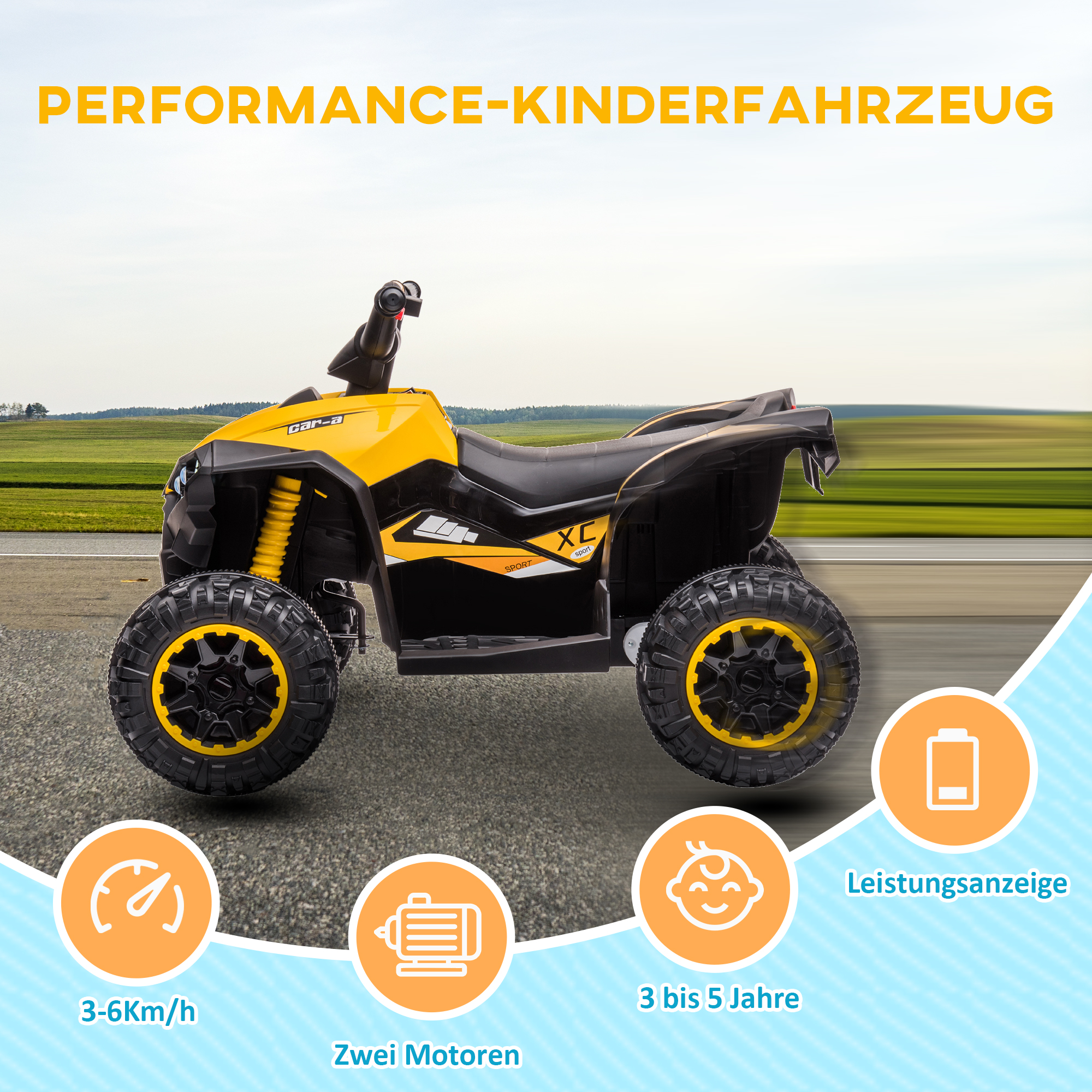 Kinderquad, LED-Scheinwerfer, MP3-Player, Stoßdämpfer, ergonomischer Sitz, Gelb+Schwarz