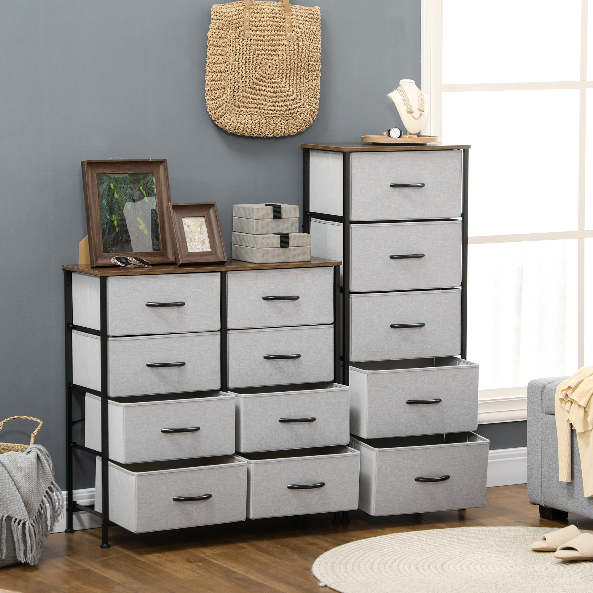 Kommode mit 5 Schubladen aus Stoff Aufbewahrungsschrank mit Griffen 45 x 30 x 116 cm Grau