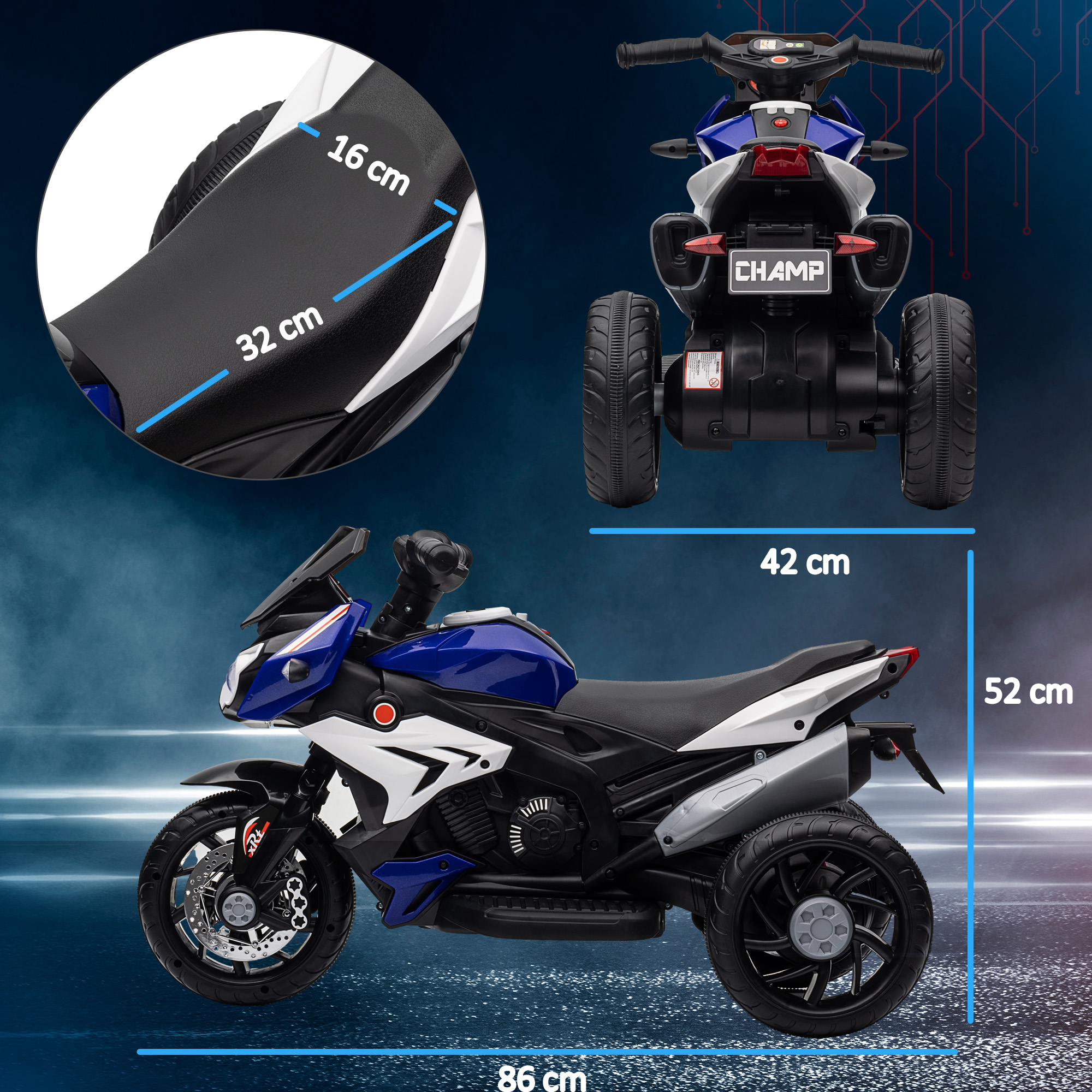 Elektro-Kindermotorrad, Lichter & Geräusche, 3 km/h, wiederaufladbar, Kunststoff & Metall, Blau/Weiß