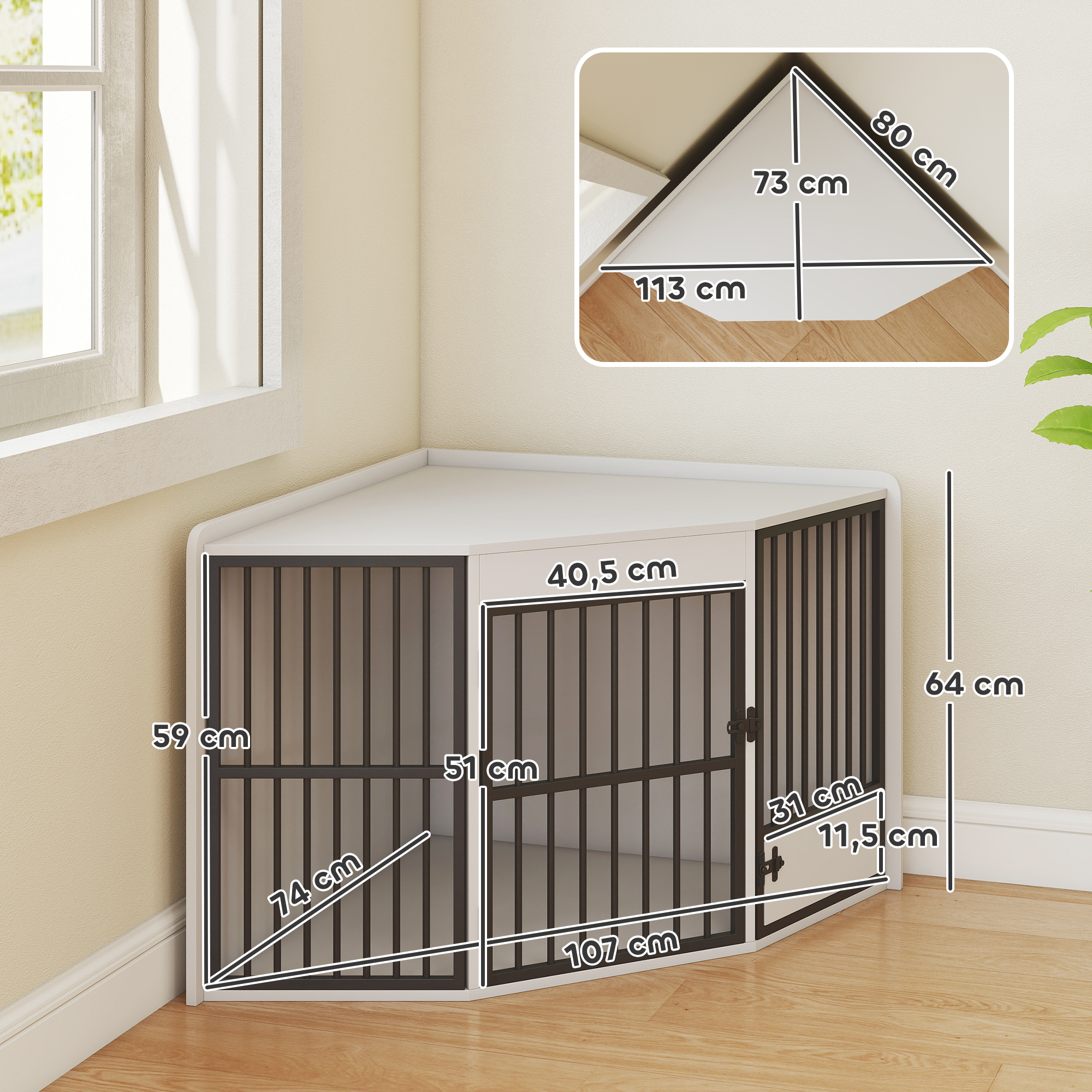 Hundebox, Aufenthaltsbox für kleine und mittelgroße Hunde, Haustierbox, Fütterungstür, MDF, Metall, Weiß
