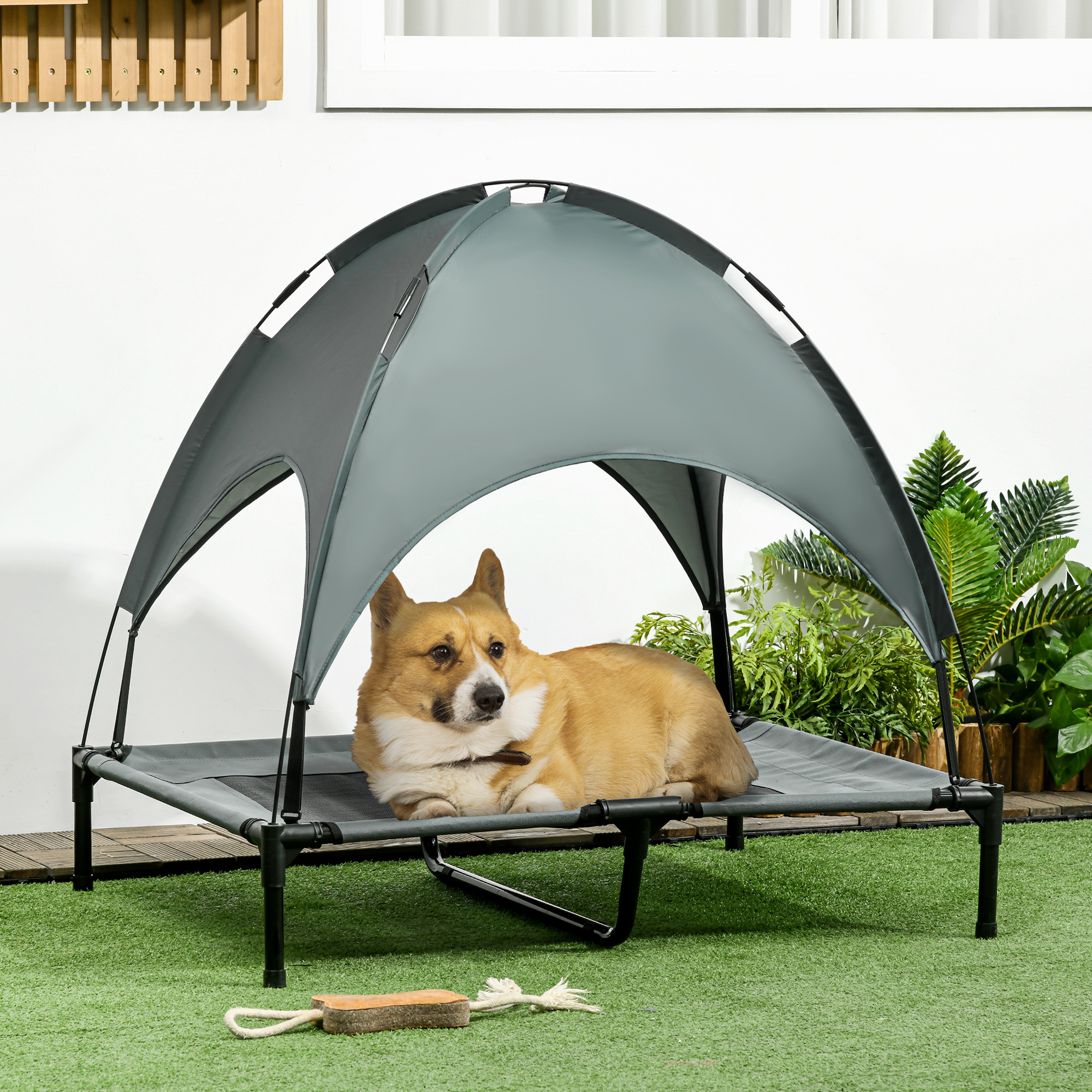 erhöhtes Hundebett mit Baldachin, Haustierbett, Hundeliege outdoor mit Dach, Atmungsaktiv, Taftstoff für Camping Grau 92 x 76 x 90 cm