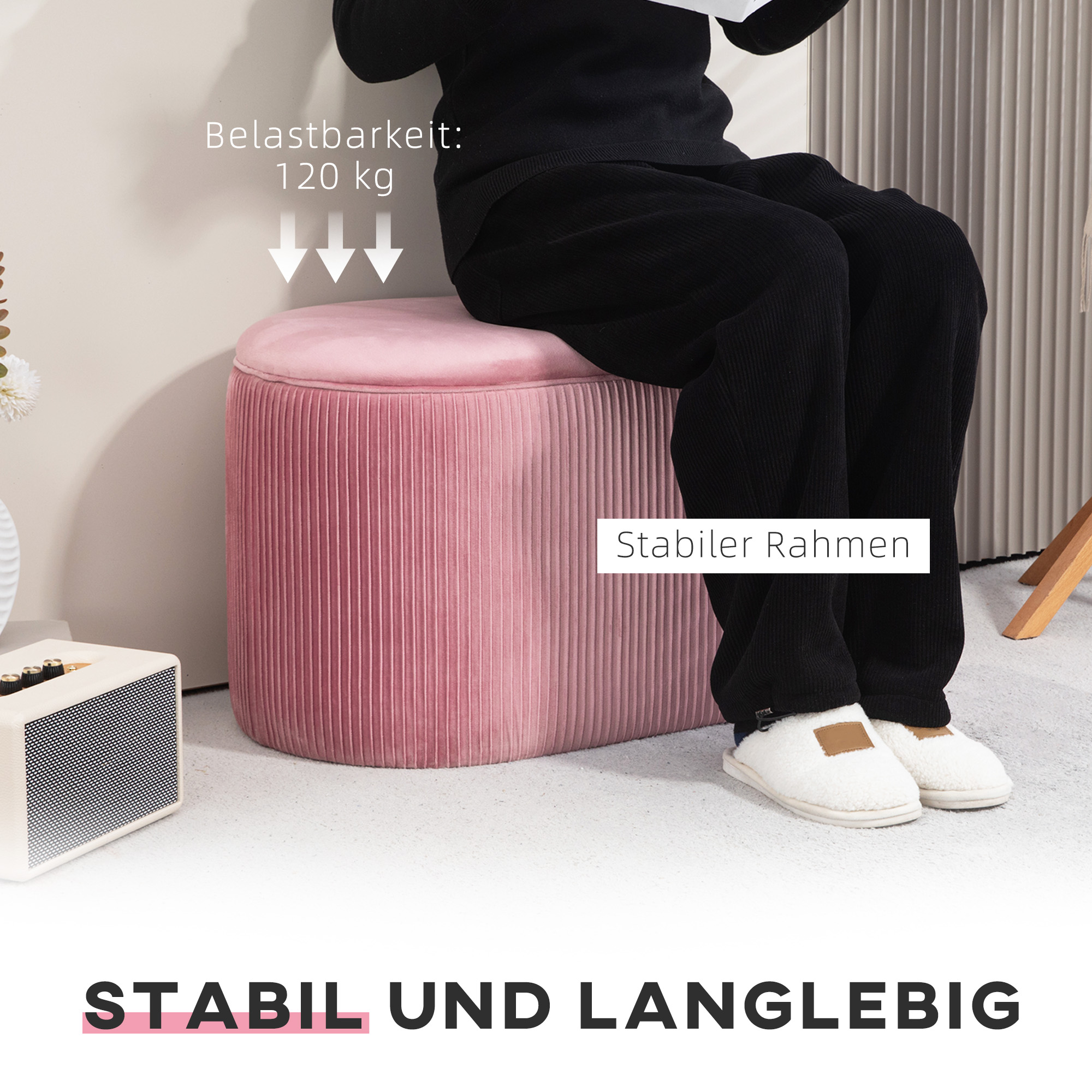 Sitzbank Bank mit Stauraum Polsterbank Ottomane, Retrodesign, Samtoptik, 81 cm x 40 cm x 41 cm, Altrosa