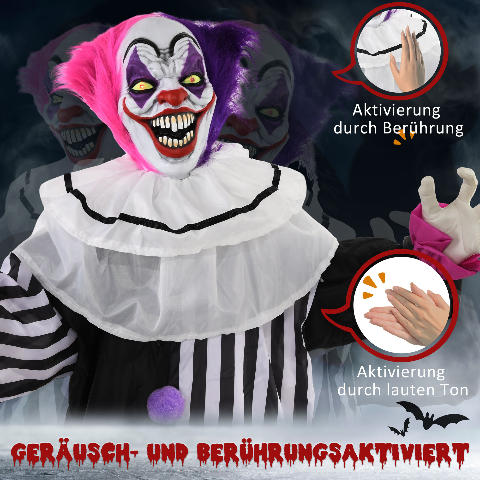 Grusel-Clown Halloween-Dekoration, beweglich, Lach-Funktion, Pink+Lila