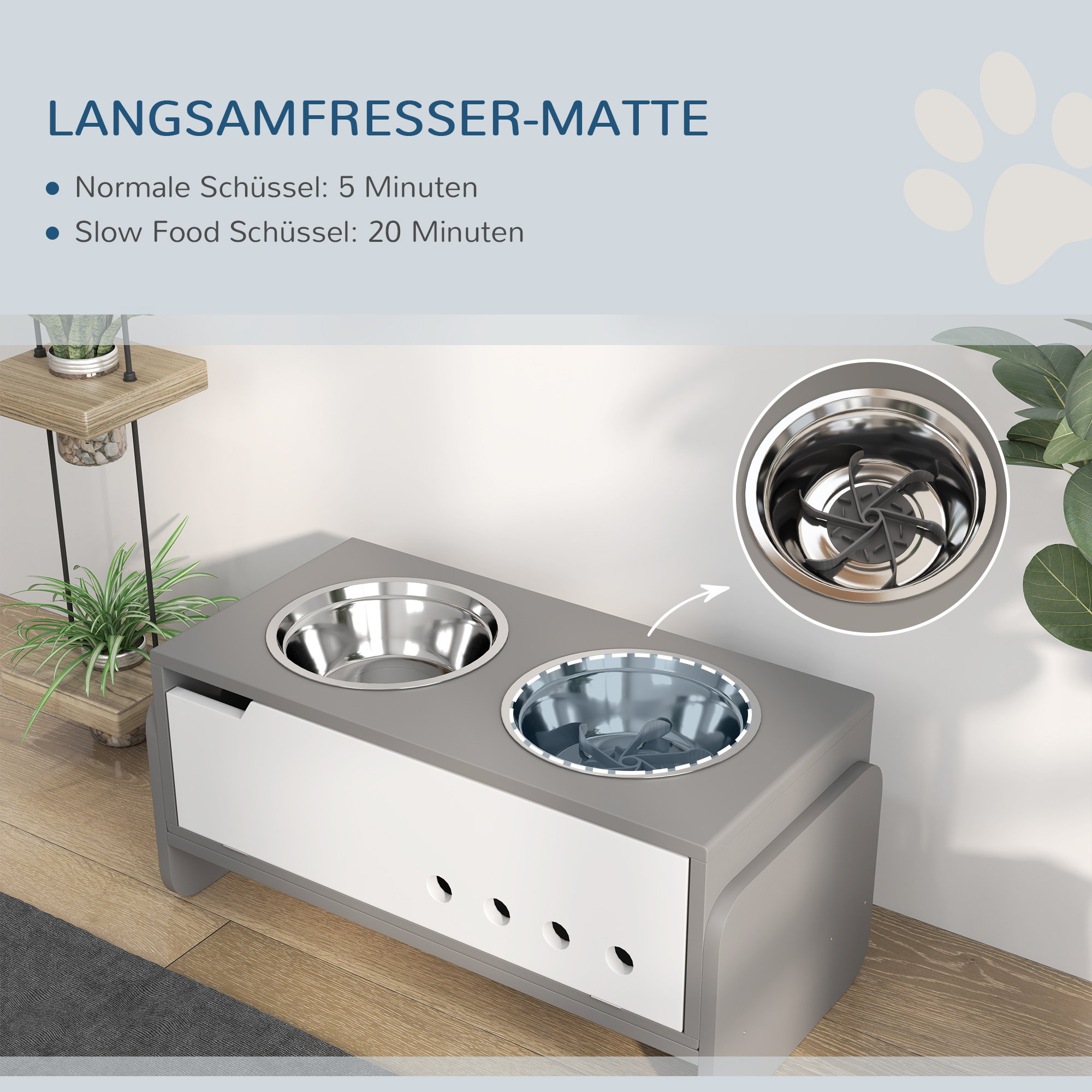Erhöhte Fütterungsstation für Hunde, mit Stauraum und Anti-Schling-Matte, 2 x 2000 ml Edelstahlnapf, Grau