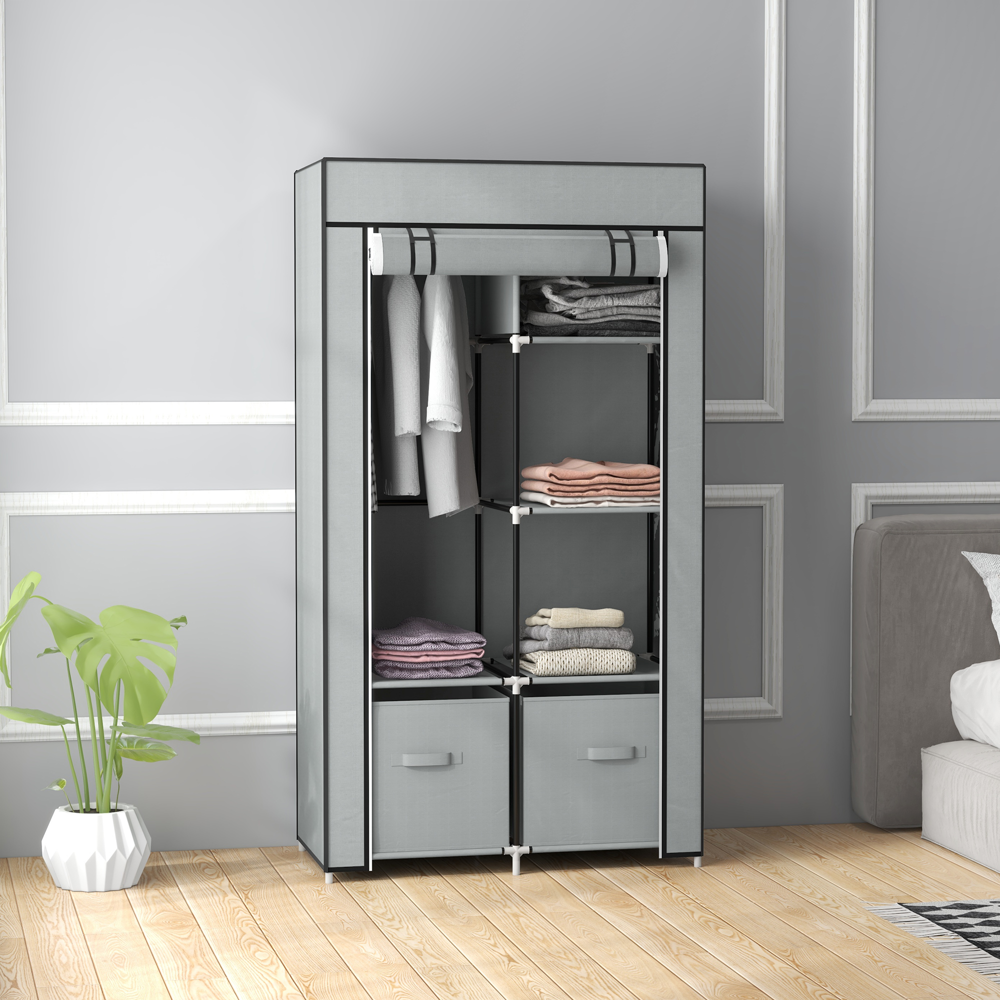 Kleiderschrank Stoffschrank 1 Kleiderstange, 2 Schubladen, 83 x 42,5 x 162,5 cm, Grau