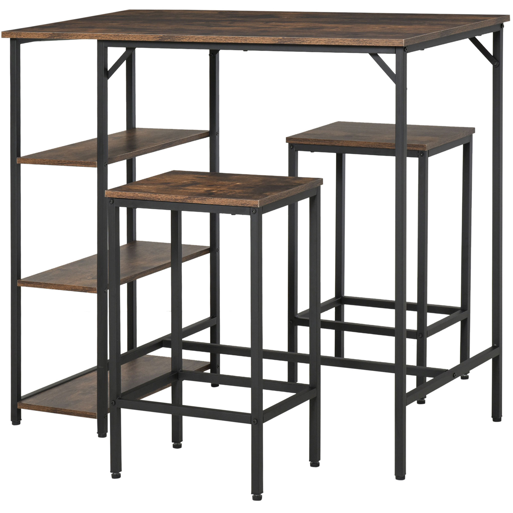 Bartisch-Set Stehtisch mit 2 Barhockern Essgruppe 3-teiliges Tischset Küchentresen mit Regale Spanplatte Stahl Rustikales Braun+Schwarz 109 x 60 x 100 cm