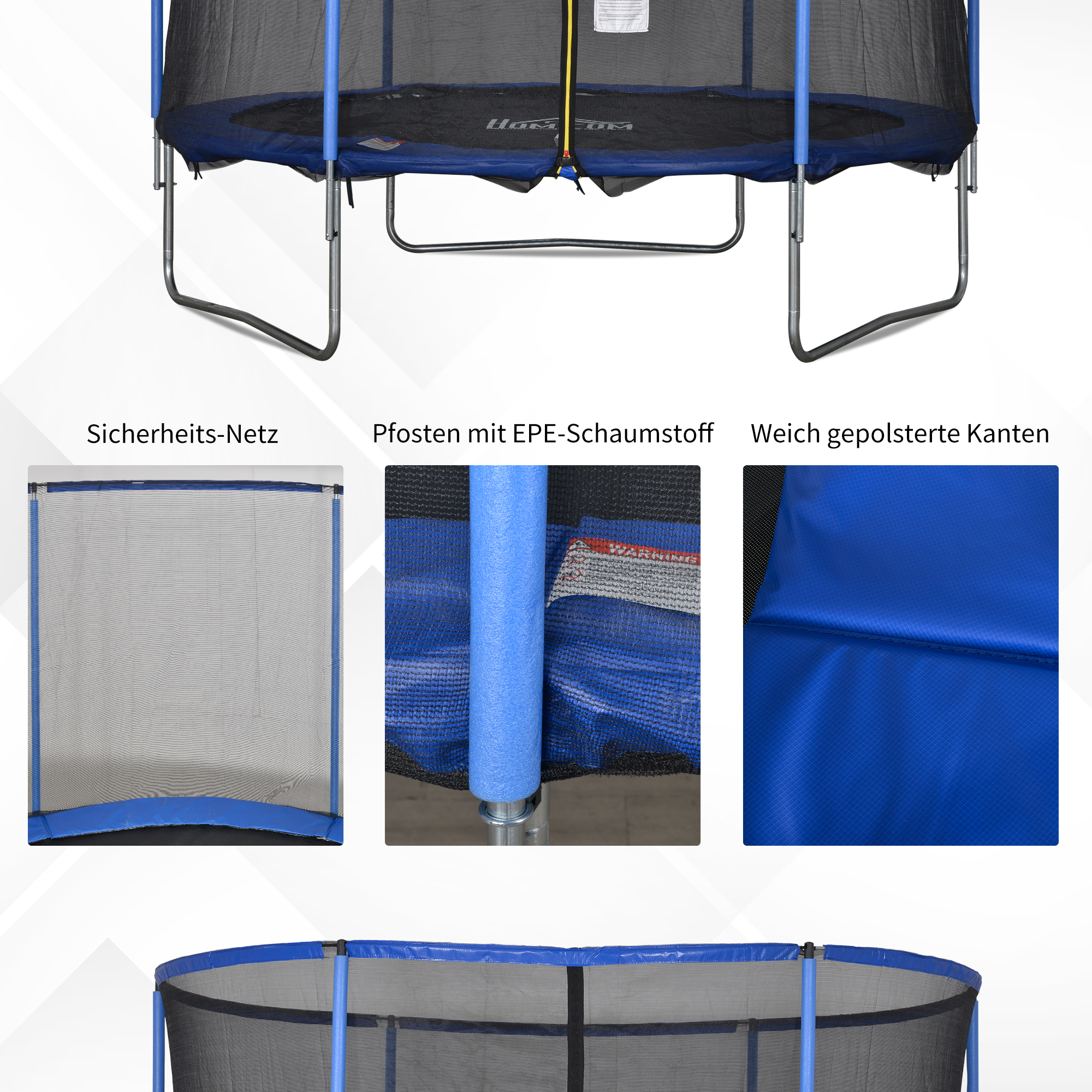 Trampolin mit Sicherheitsnetz Gartentrampolin für Innen- und Außenbereich Fitnesstrampolin für Kinder und Erwachsene Stahl Blau+Schwarz bis 113,6 kg Ø305 x 248H cm