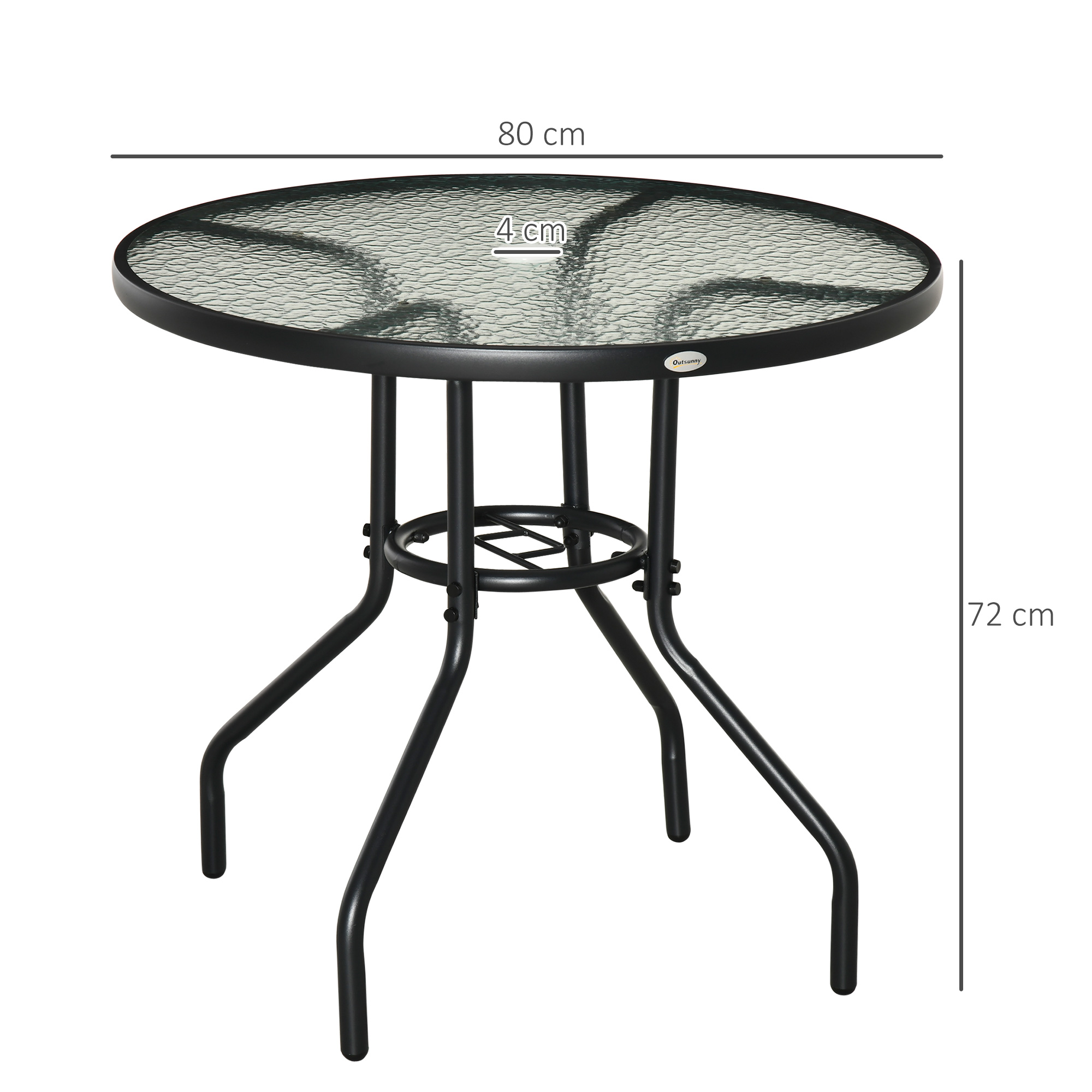 Gartentisch Garten Beistelltisch Gartenmöbel Balkontisch Bistrotisch mit Schirmloch Hartglas + Metall Schwarz Ø80 x 72 cm