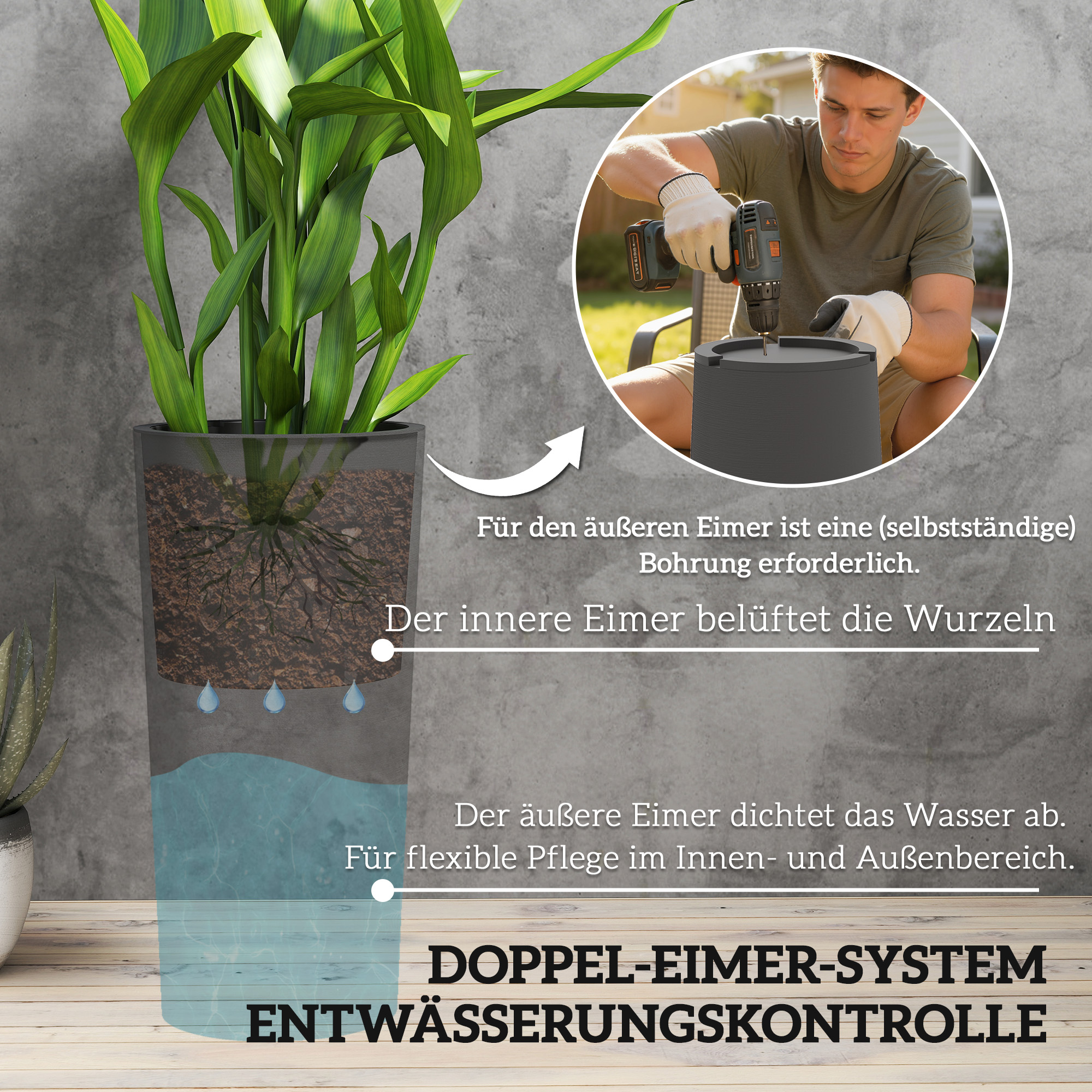 2er Set Blumentopf stapelbar Pflanzkübel mit Löcher 35x35 cm Pflanztöpfe Rund Dunkelgrau