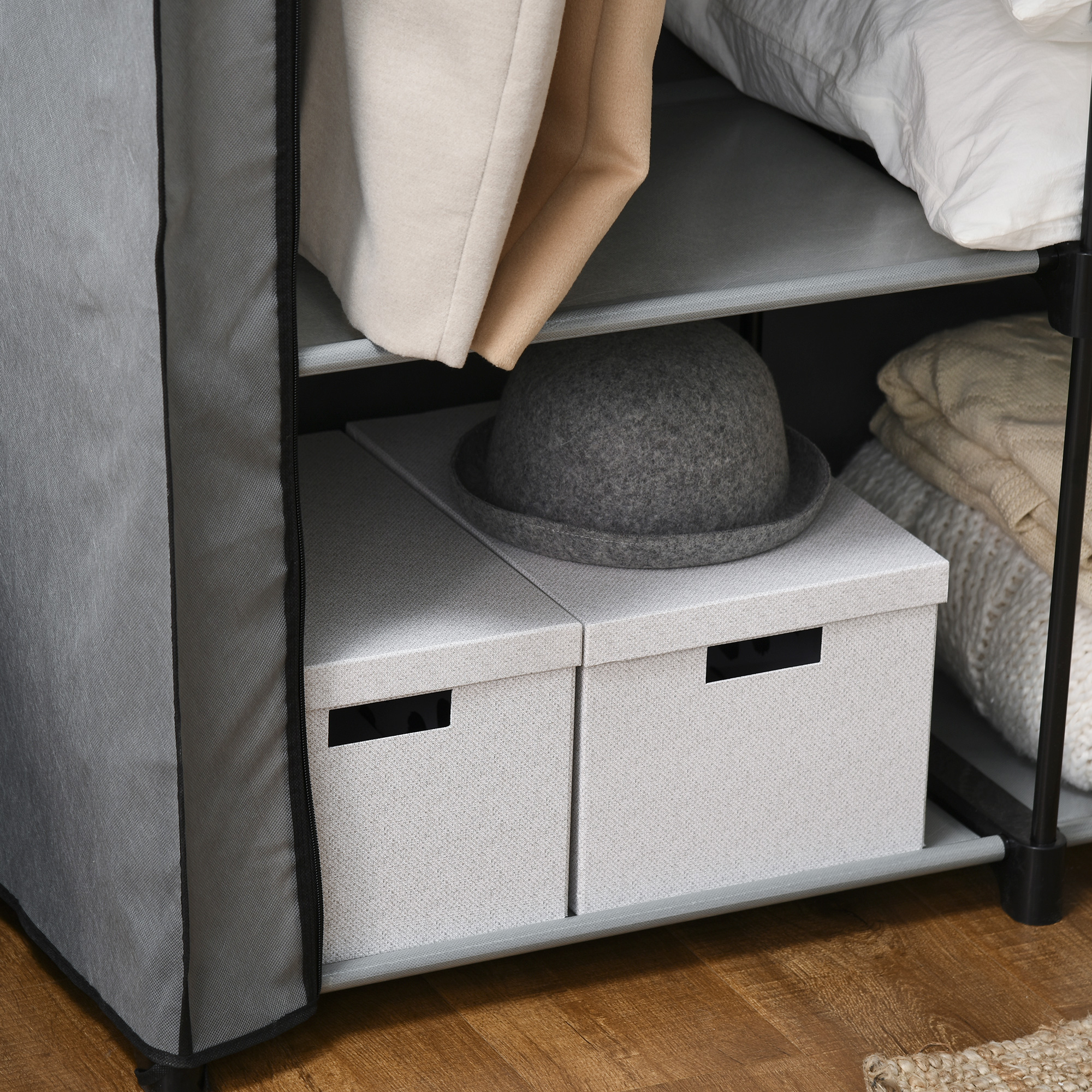 Schrank aus Stoff, Aufbewahrungslösung, 4 Regale,  2 Kleiderstangen, Grau