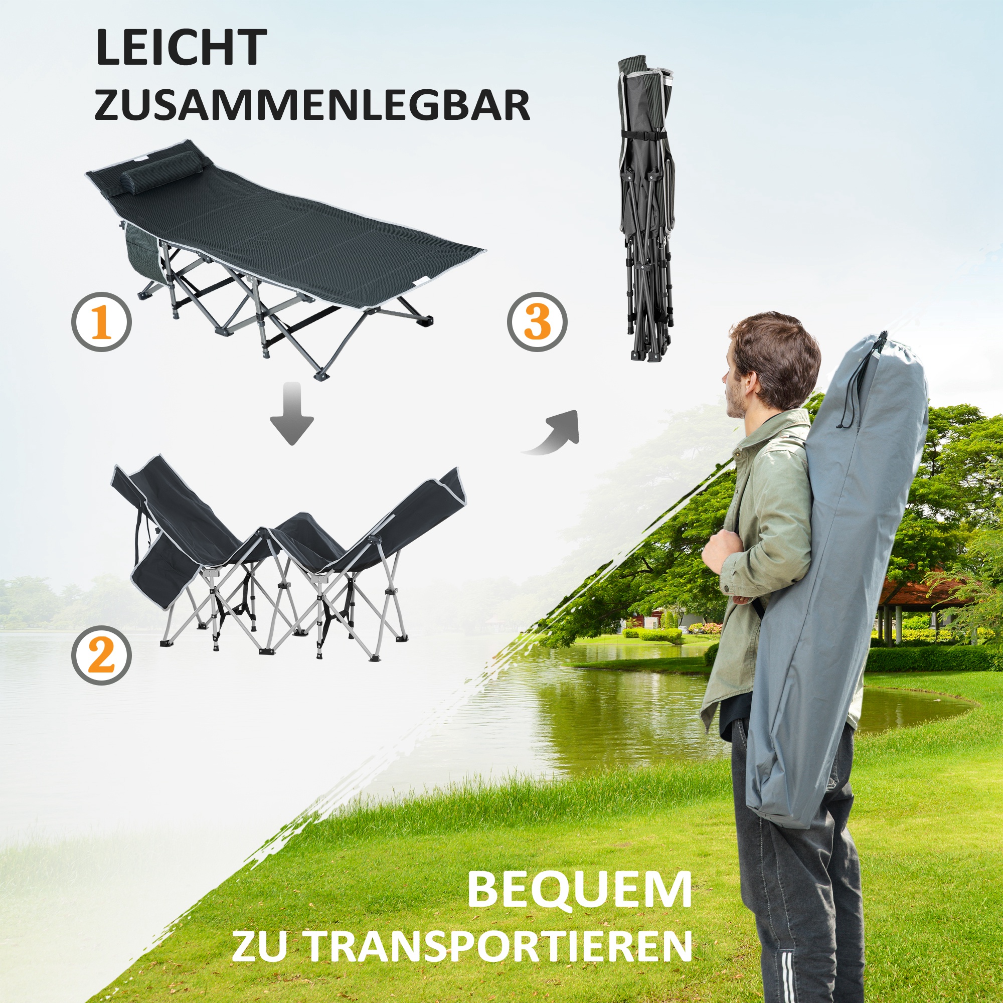 Campingbett, klappbares Feldbett mit Kopfkissen, 188 x 64,5 x 53 cm, Grau