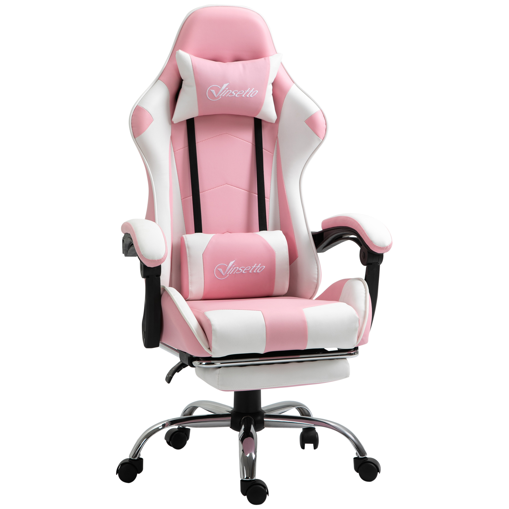 Gamingstuhl Computerstuhl Ergonomischer Bürostuhl Gamer Stuhl mit Kopfstütze Lendenkissen Bürostuhl höhenverstellbar 360°drehbar Schaumstoff Kunstleder PVC Rosa+Weiß 64 x 67 x 119-127 cm