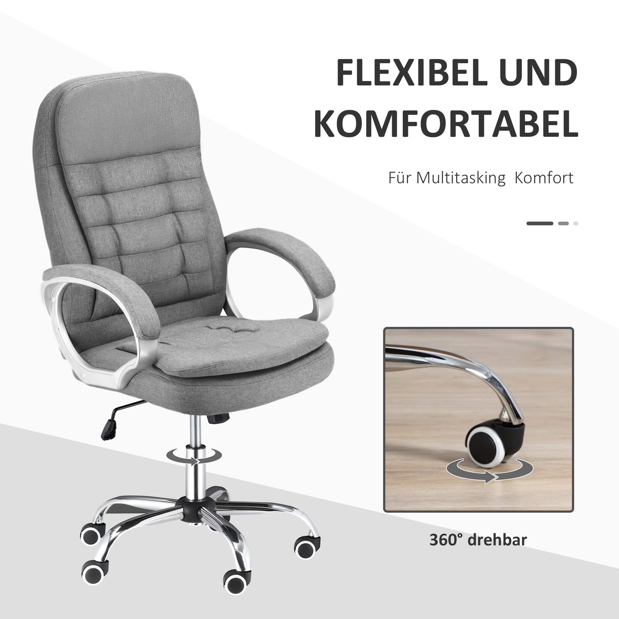 Bürostuhl Arbeitsstuhl Schreibtischstuhl Drehstuhl 360° Ergonomisch Wippfunktion Höhenverstellbar Grau Leinen 64 x 75 x 111-121 cm