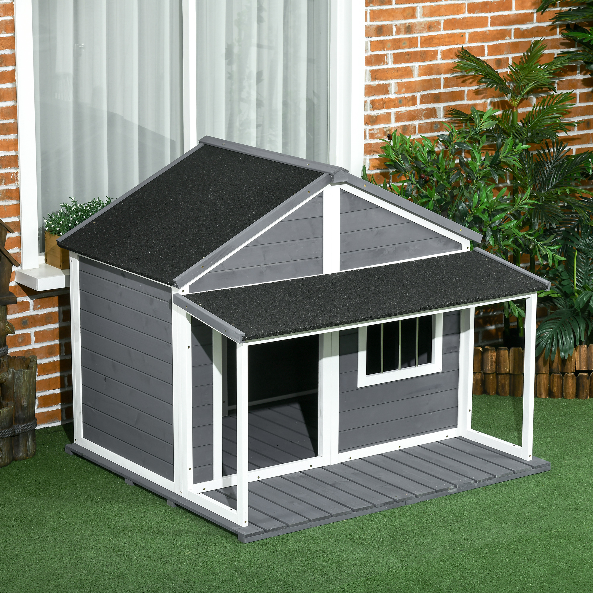 Hundehütte Outdoor-Hundehütte, inkl, Veranda, wetterbeständig, 124 cm x 112 cm x 105 cm, Grau + Weiß