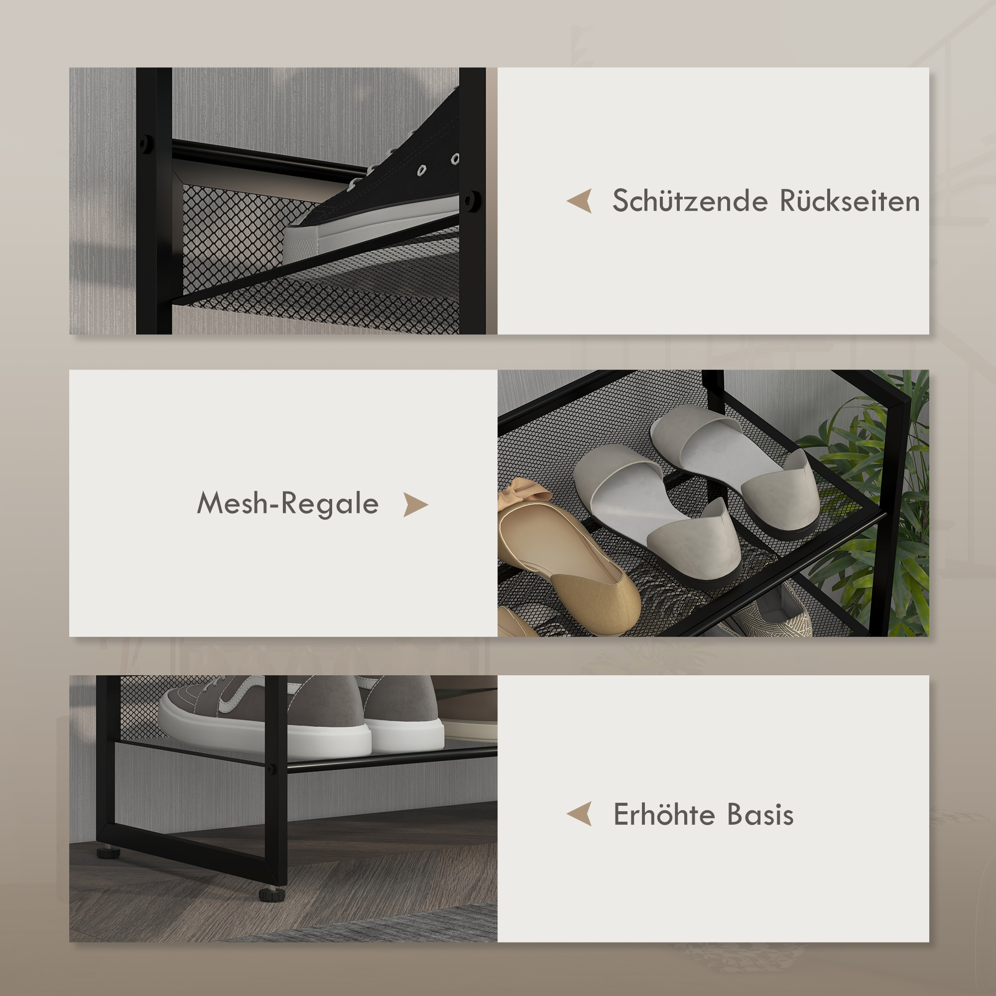 kleines Schuhregal Schuhablage Schuhständer hoch schmal, 5 Regale, 72 cm x 30 cm x 102 cm, Schwarz