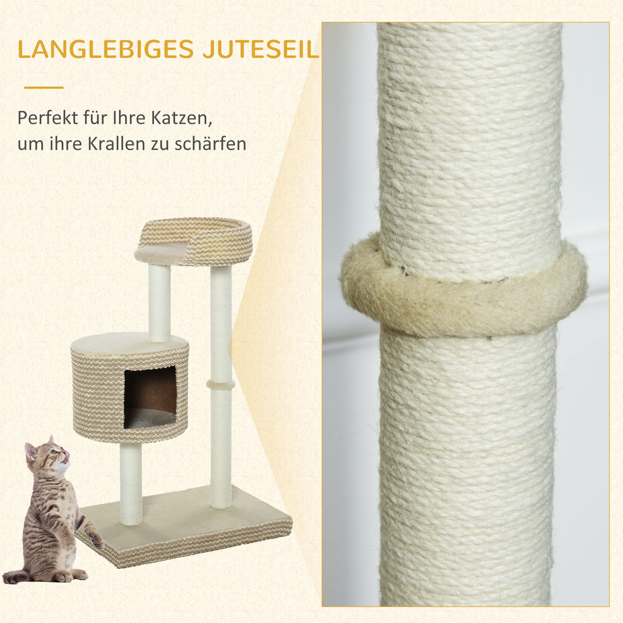 Katzenbaum Kratzbaum Kletterbaum Katzenkratzbaum, kuschelige Aussichtsplattformen, beige und kaffee, Spanplatte, Plüsch, Jute, 61x41x96 cm