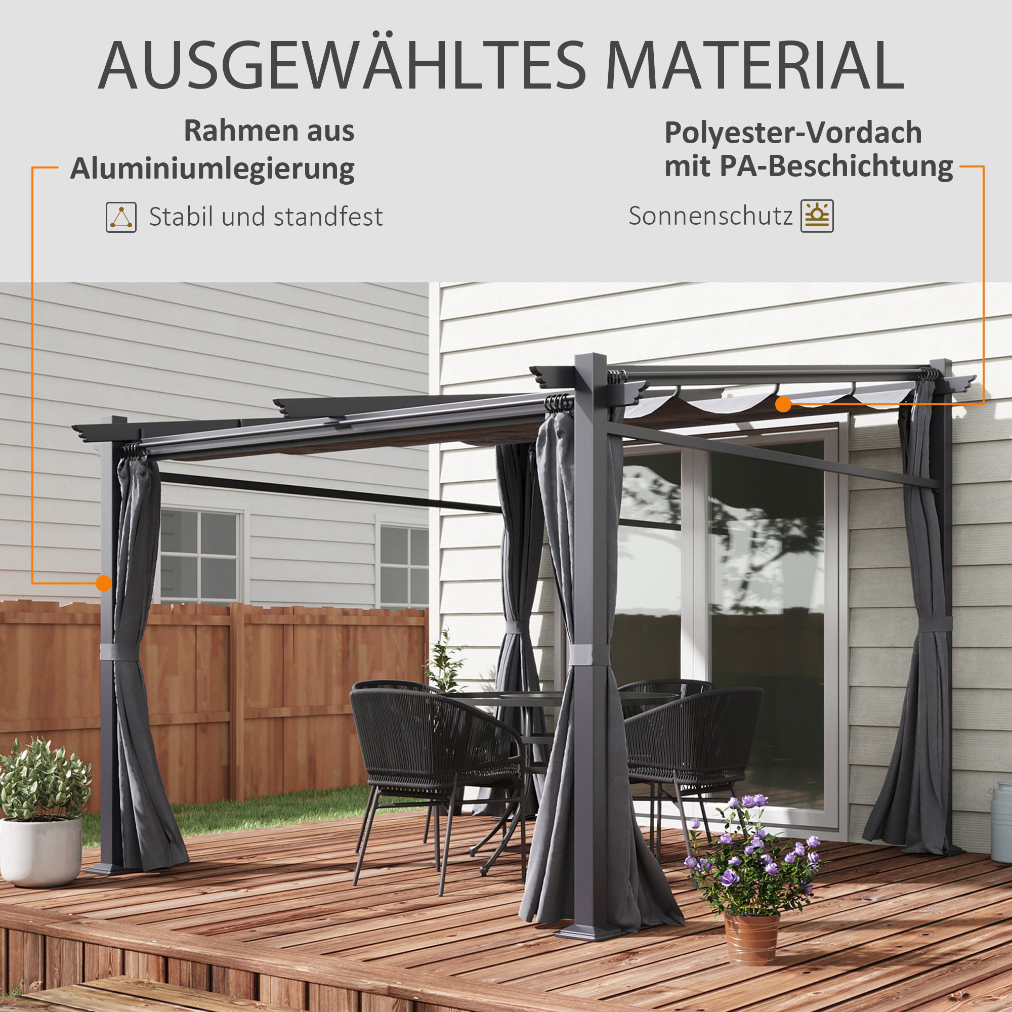 Pergola, inklusive Befestigungsmaterial, ausziehbares Dach, 2.,97 m x 2,95 m x 2,3 m, Dunkelgrau