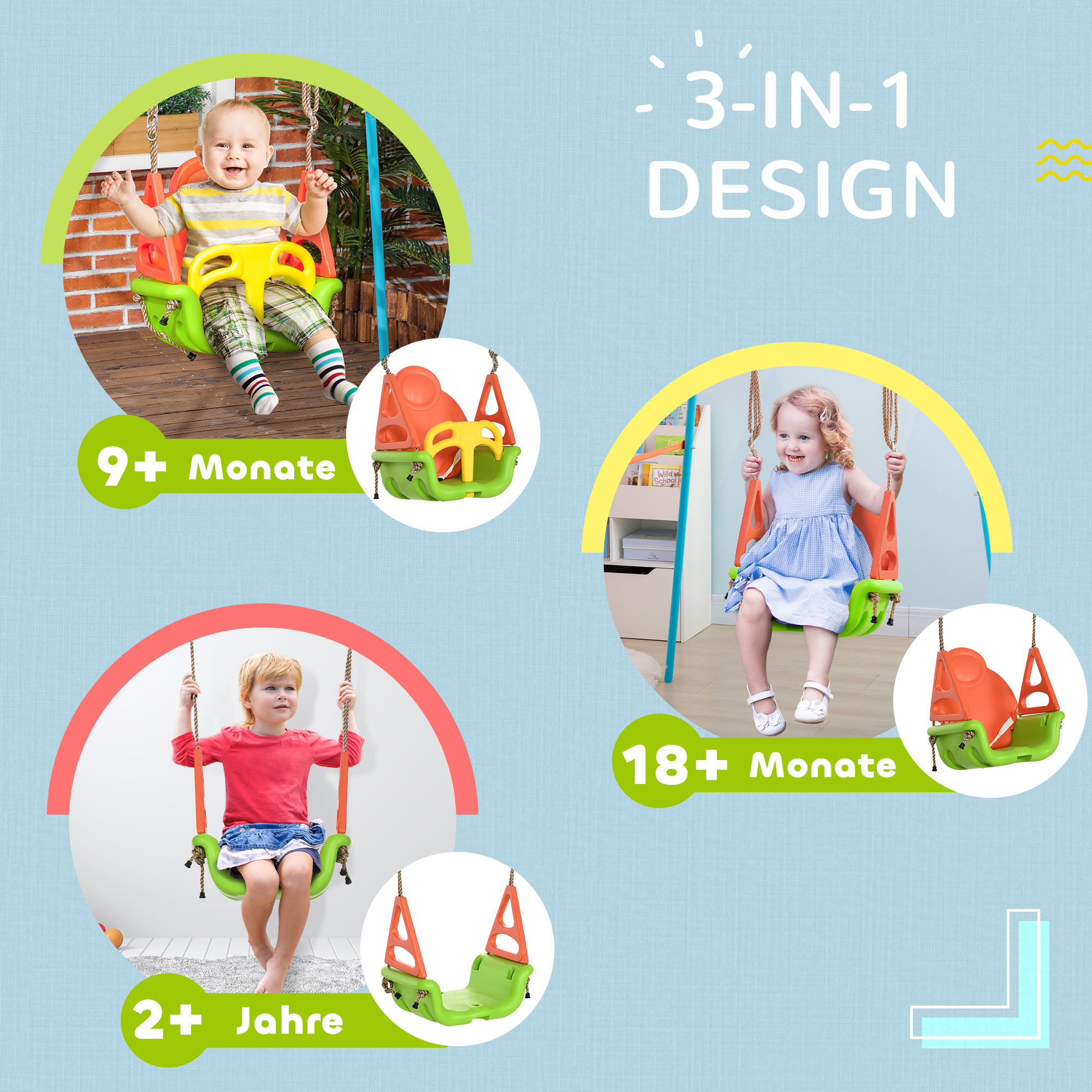 3-in-1 Babyschaukel, Sicherheitsgurt, längenverstellbare Seile, für In- und Outdoor, grün, 48 x 34 x 180 cm