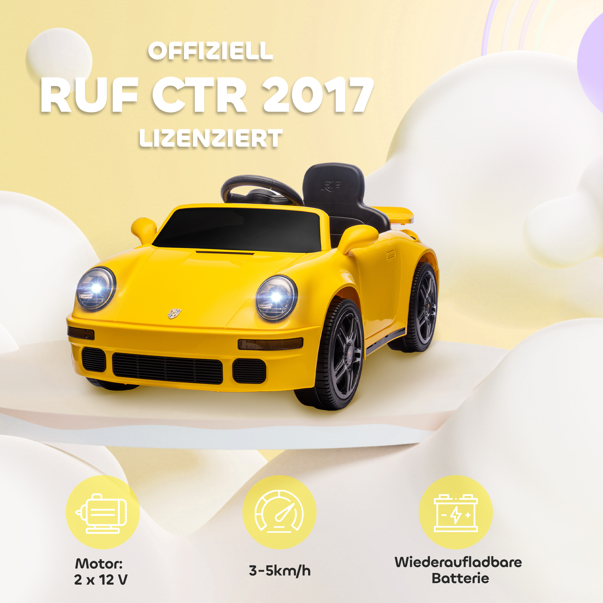 Kinder-Elektroauto, 12V Kinderauto mit Fernbedienung, sanfter Start, MP3-Player, LED-Lichter, Hupe, Energieanzeige, Gelb