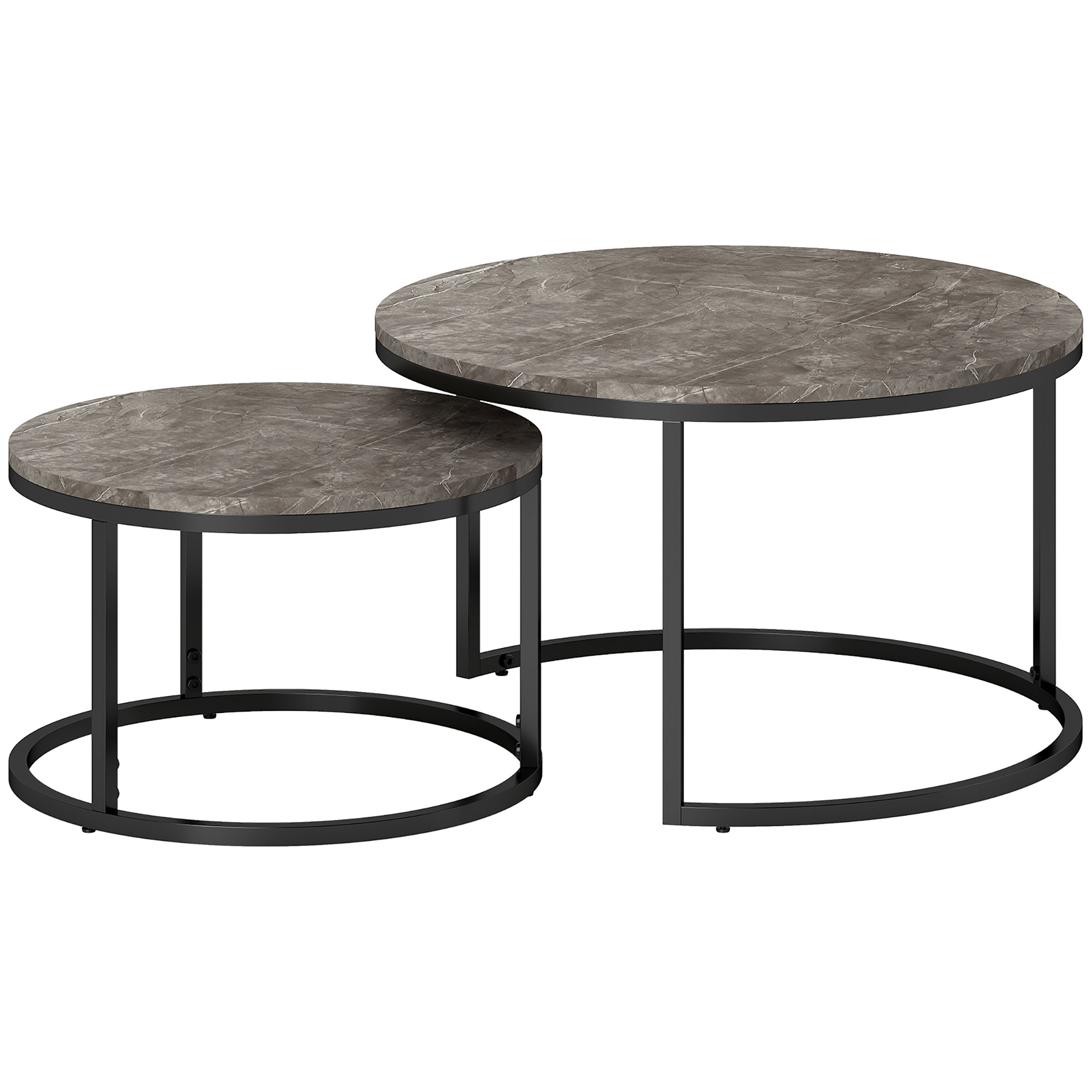 2er-Set runde Couchtische, stapelbare Beistelltische mit Metallrahmen, Wohnzimmertisch in Marmoroptik, Kaffeetisch, Grau 2er-Set runde Couchtische, stapelbare Beistelltische mit Metallrahmen, Wohnzimmertisch in Marmoroptik, Kaffeetisch, Grau