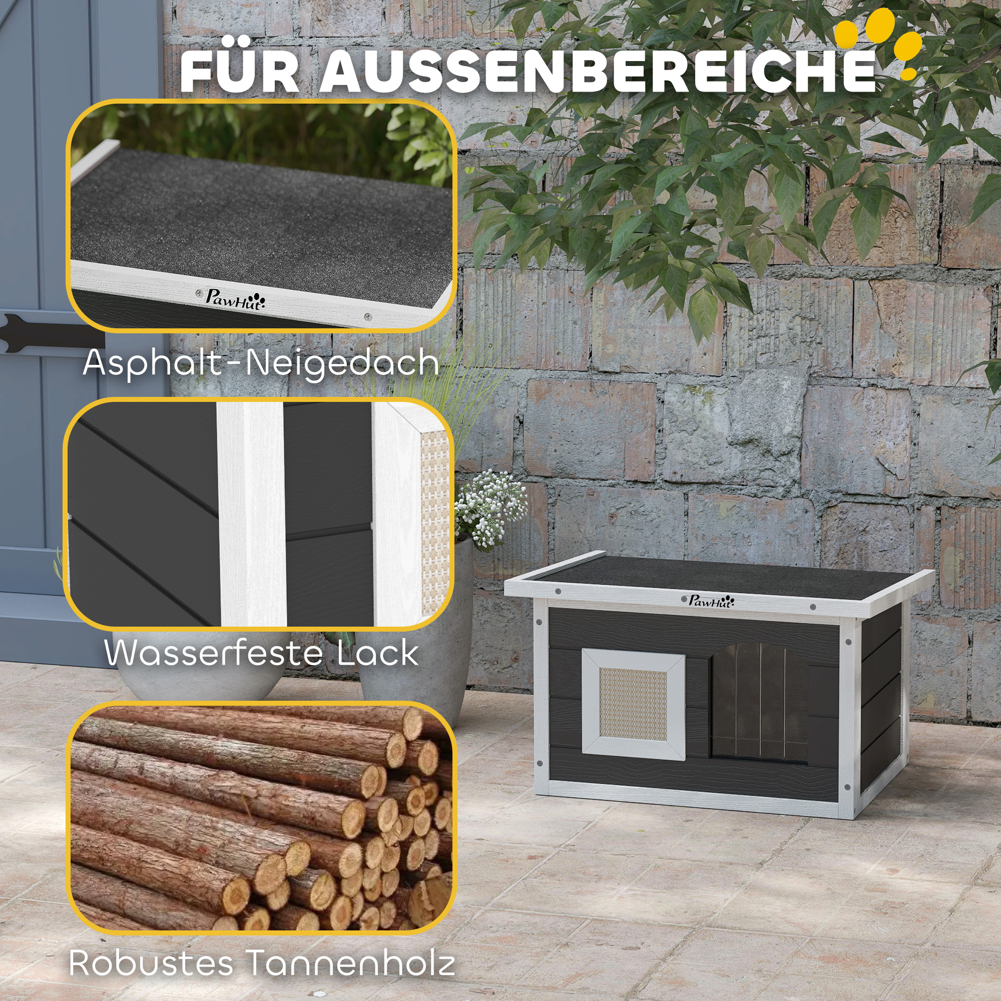 Katzenhaus, Rückzugsort für Katzen und Kaninchen, Holzhaus mit Kratzmatte, Türklappe, 61 x 45 x 36,5 cm, Grau