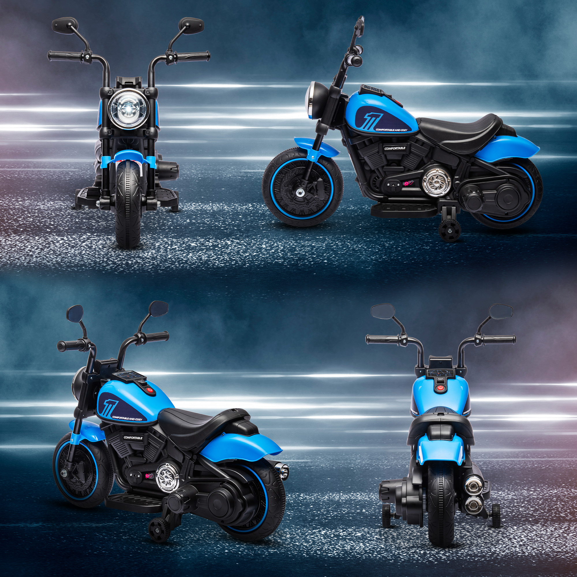 Elektro Kindermotorrad, Elektrisches Kinderfahrzeug, mit Scheinwerfer, 3 km/h, Blau + Schwarz