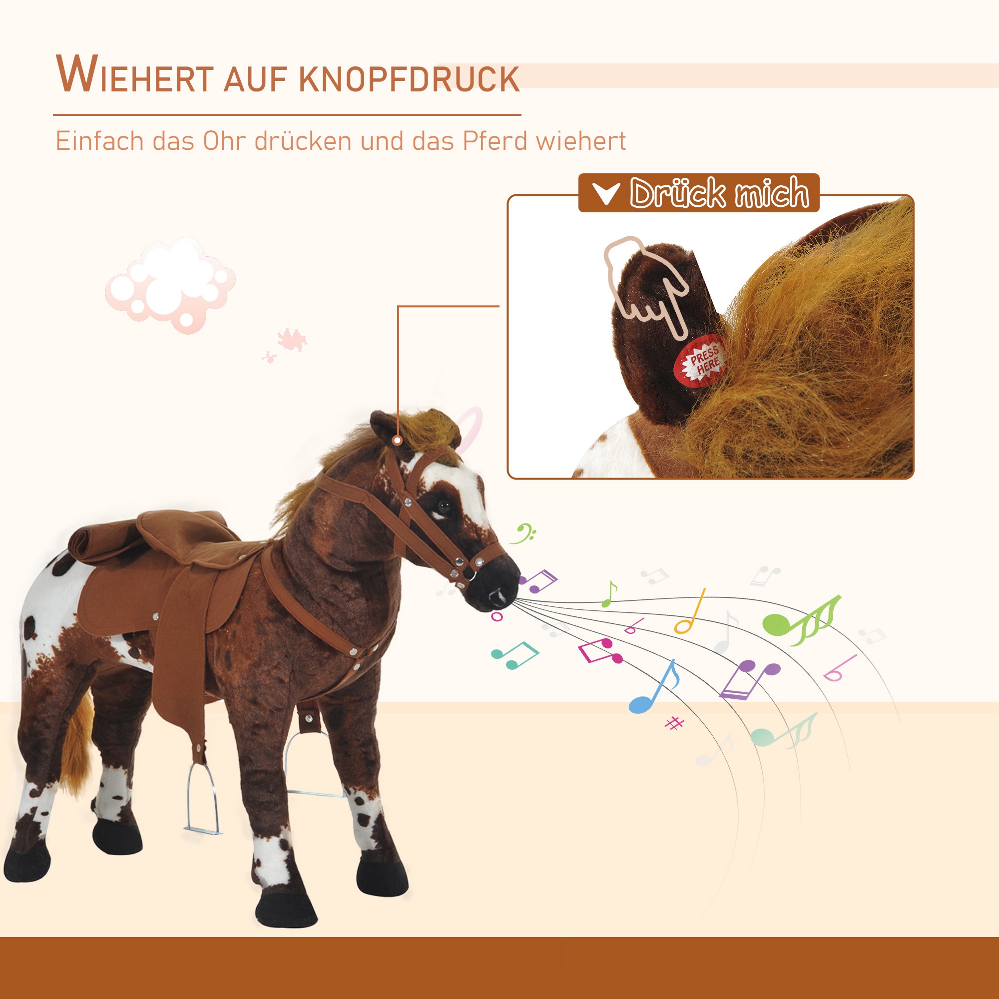 Reitpferd Spielpferd zum Reiten Stehpferd mit Sattel, Sound, Steigbügel Plüschpferd für Kinder ab 2 Jahren Braun