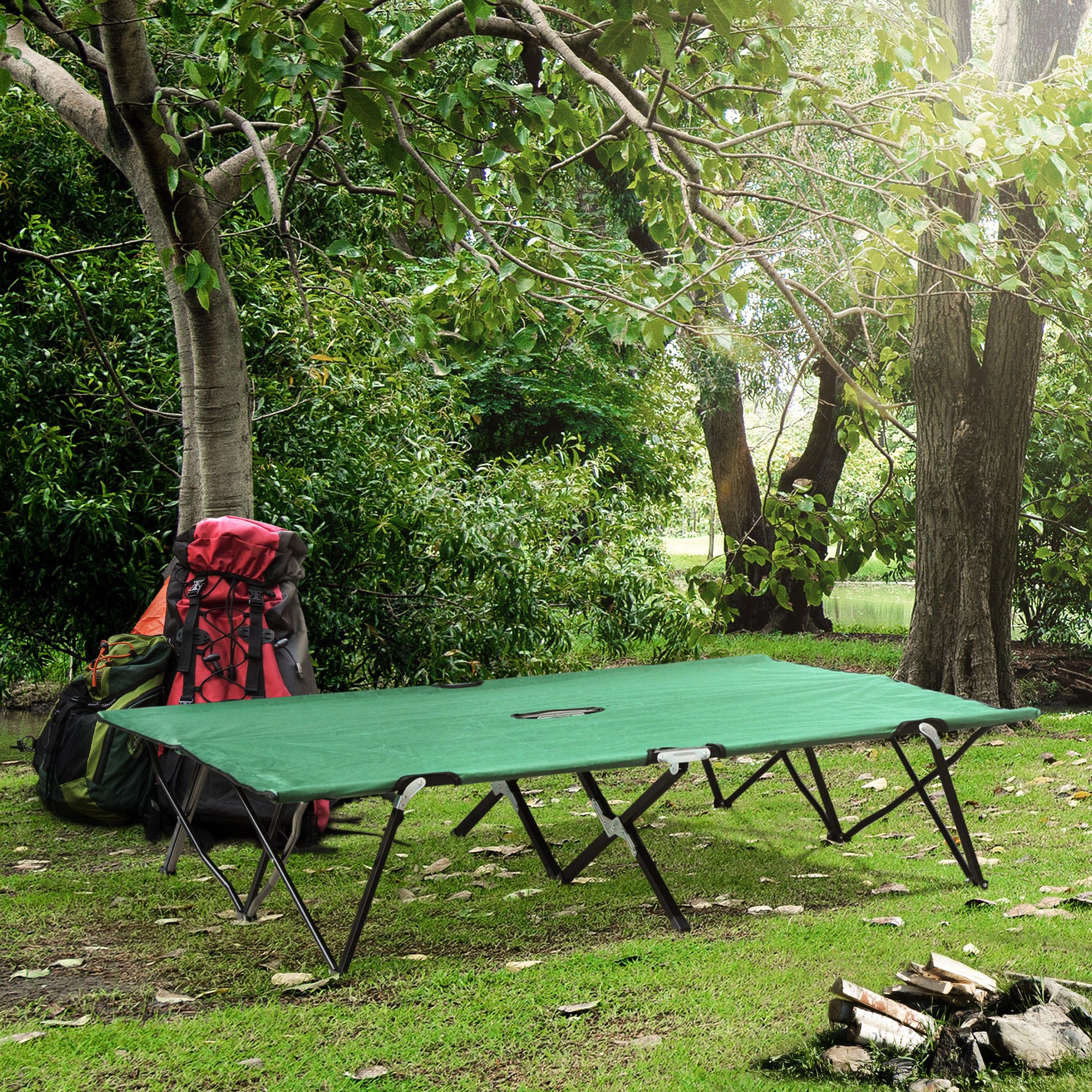 Campingbett Klappbar für 2 Personen Feldbett Klappbett mit Tragetasche bis 136 kg belastbar Stahl Oxford Grün+Schwarz 193 x 125 x 40 cm