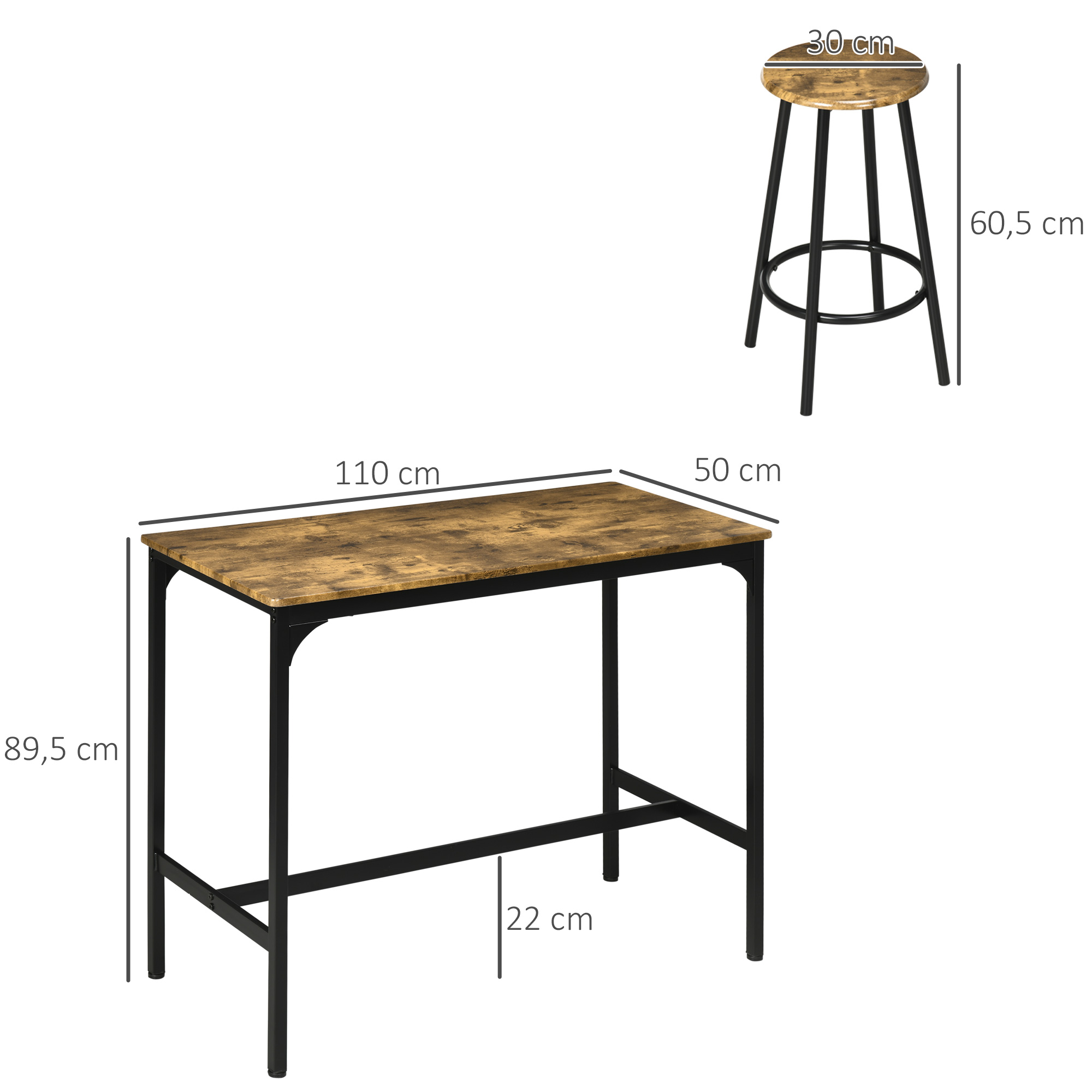 5-tlg, Bartisch-Set im Industriedesign, 1 Bartisch, 4 Barhocker, Sitzgruppe, Küchentresen, Schwarz + Braun