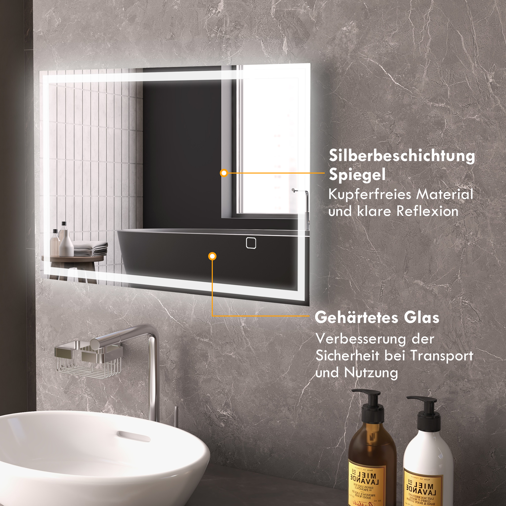 Badspiegel Badezimmerspiegel Wandspiegel LED´s, Berührungsschalter, Weiß