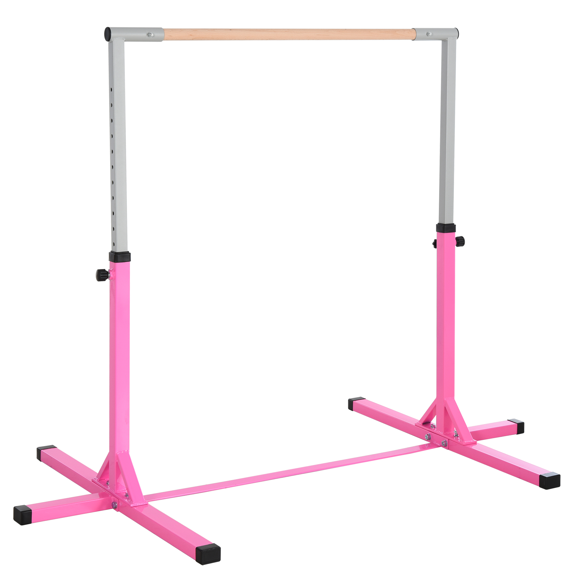 Gymnastik-Turnreck, 13-stufig höhenverstellbar Reckstange, Reck Turnstange aus Holz & stabile Stahlkonstruktion bis 75 kg belastbar, für 3+ Kinder, Indoor, Outdoor, Rosa
