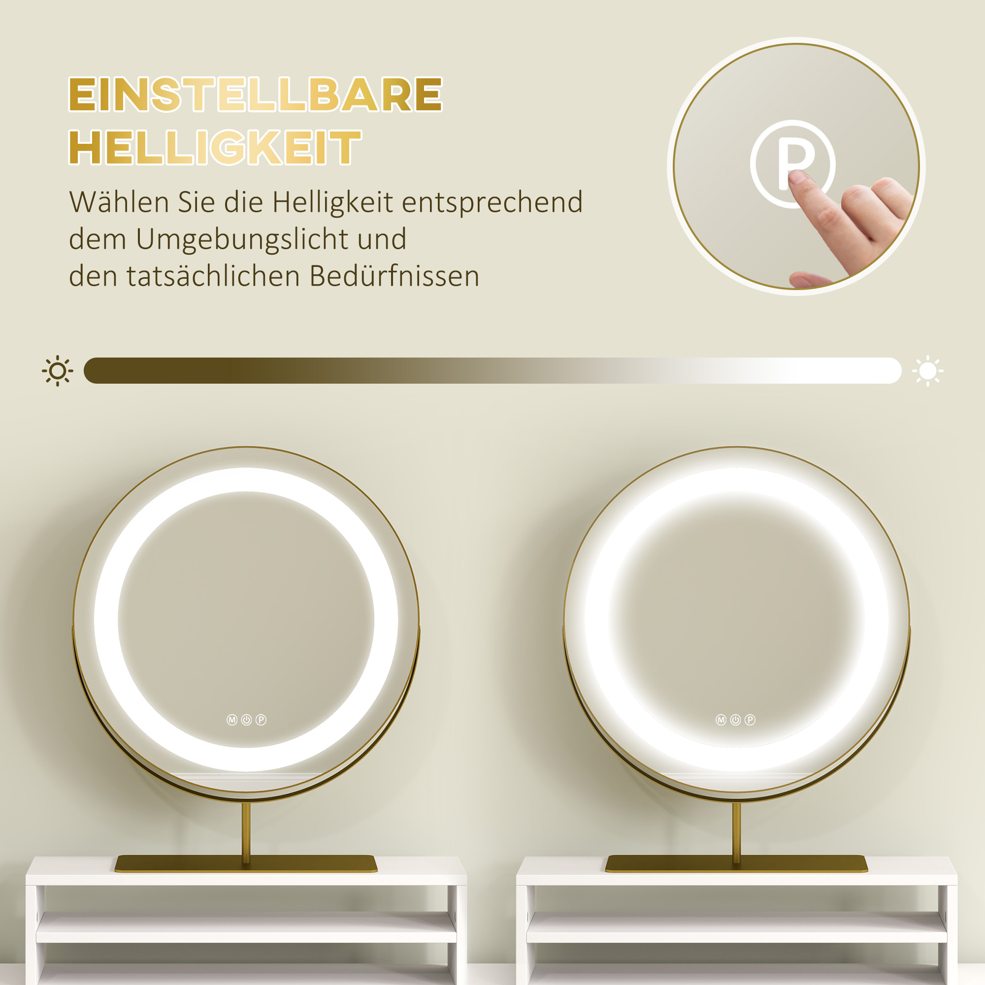 Kosmetiktisch mit 360° Spiegel, LED-Beleuchtung, 2 Schubladen, Weiß/Gold