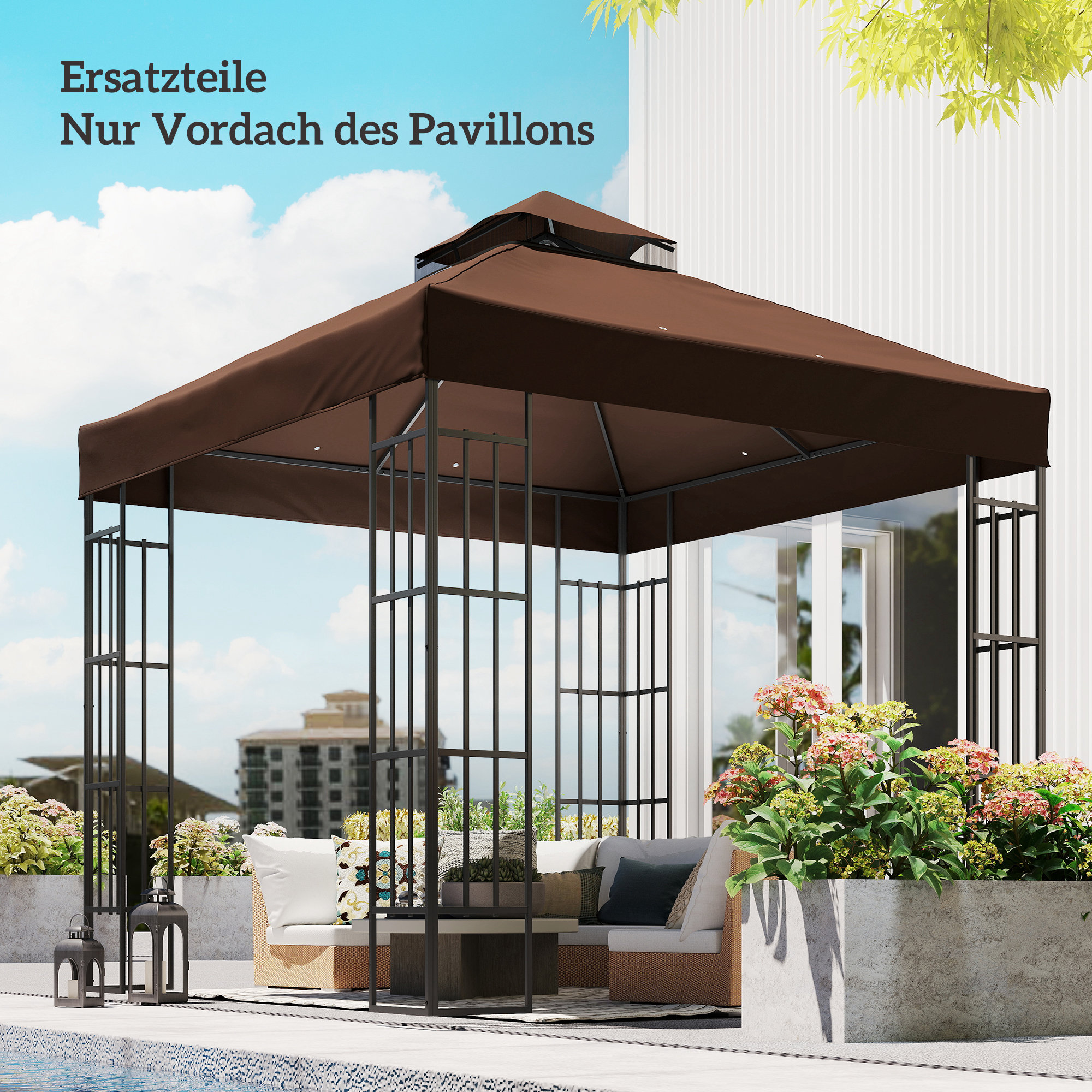 3 x 3 m Ersatzdach für Pavillon, Pavillon-Ersatzplane mit Wasserablauf-Löchern, UPF30+, Sonnenschutz, Kaffee