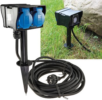 Gartensteckdose mit Erdspieß, 2-fach, IP44, 2m Kabel, Zeitschaltuhr Gartensteckdose mit Erdspieß, 2-fach, IP44, 10m Kabel, Zeitschaltuhr