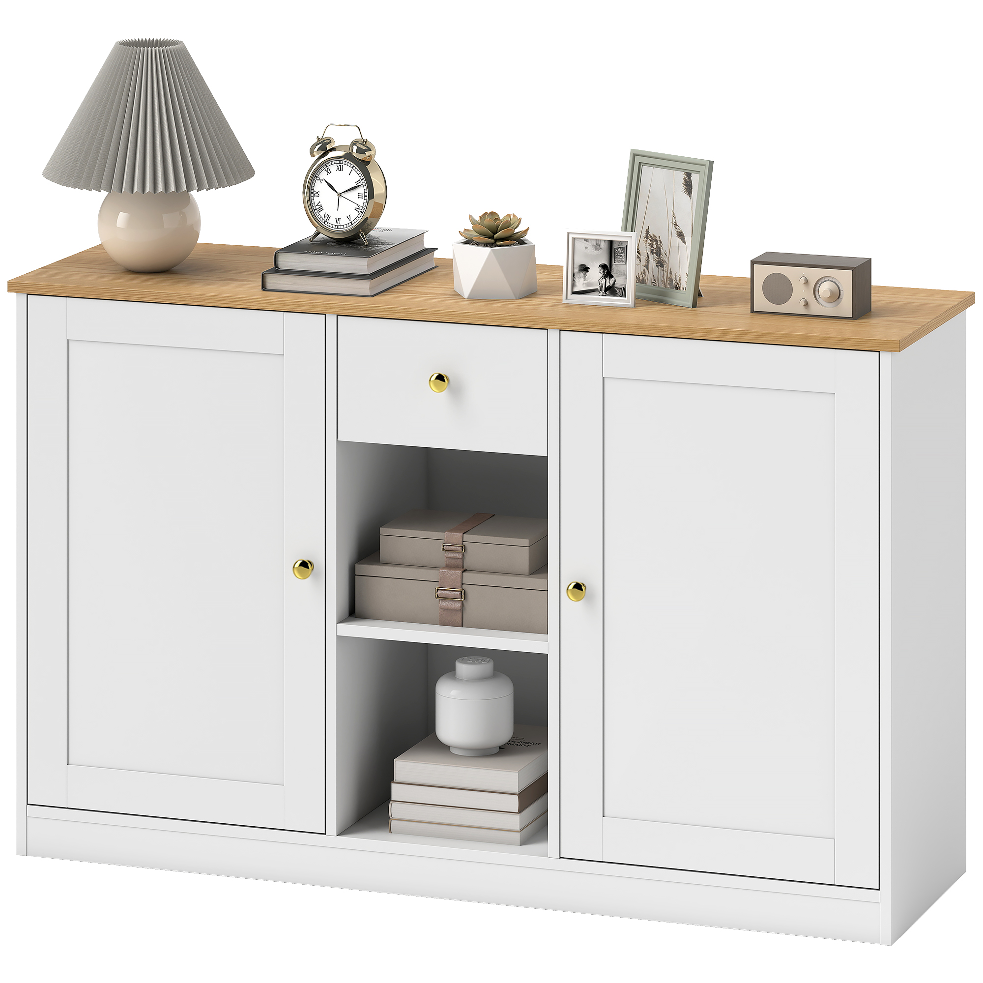 Küchenkommode, Sideboard mit Schublade, Schränken, Regalen, Spanplatte, Weiß Küchenkommode, Sideboard mit Schublade, Schränken, Regalen, Spanplatte, Weiß