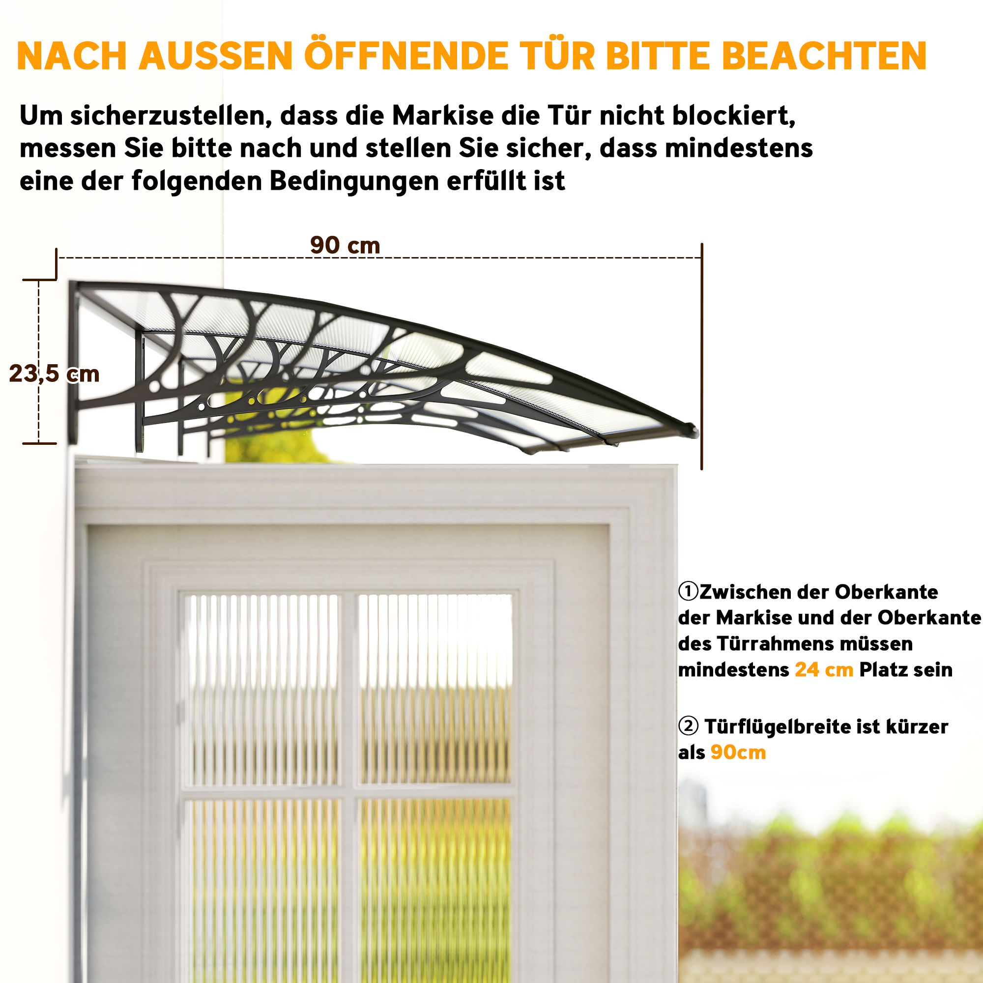 Vordach Schutzdach, Sonnen- und Regenschutz, inkl. Wandhalterung, 295x90 cm, Weiß