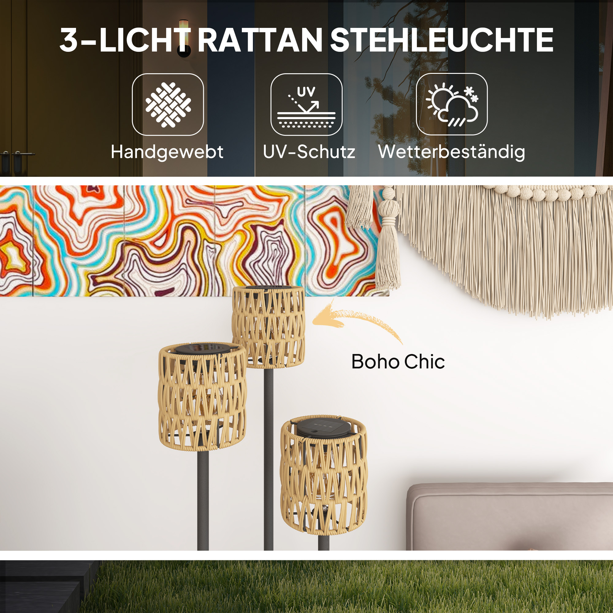 Solar Stehlampe Rattan Solarlampen mit Lichtsensor 3 Lichte Solarleuchte im Boho-Stil IP44 Ø37 x 144H cm