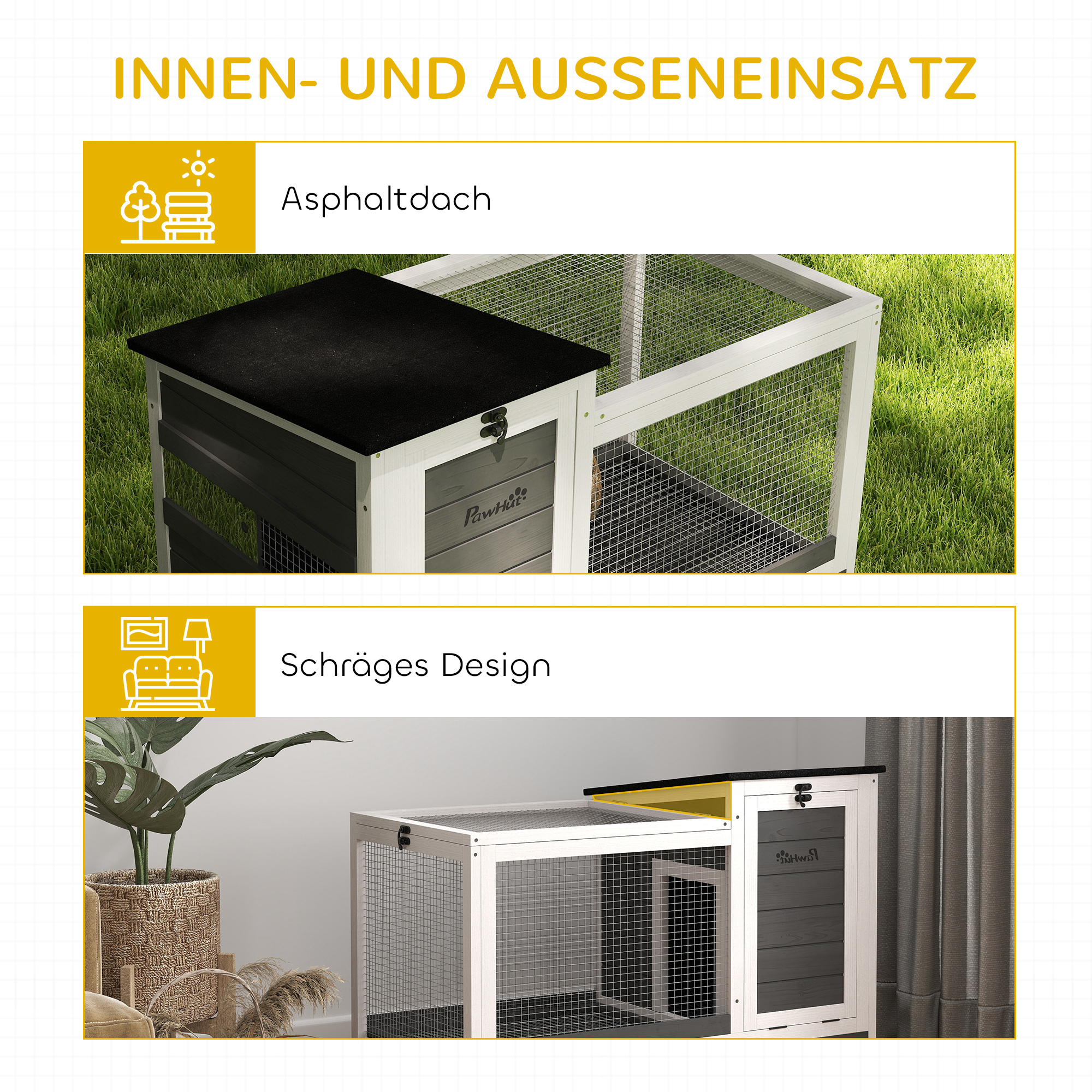 Kaninchenstall aus Holz Hasenstall mit Freilaufgehege Rädern Klappdach für Innen, draußen 92 x 52 x 67 cm Dunkelgrau