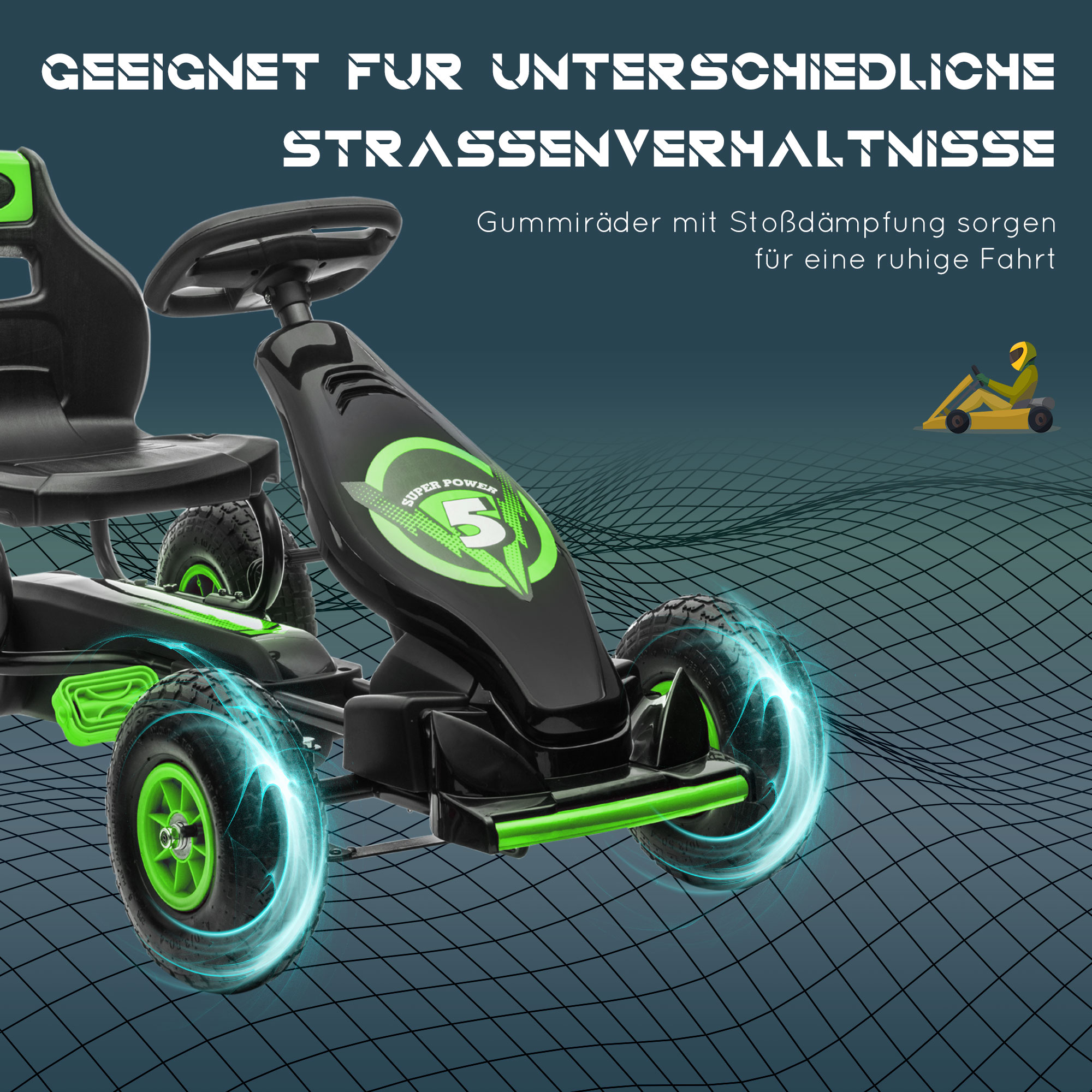 Kinder-Gokart, mit Pedalen, verstellbarem Sitz, In- und Outdoor, ab 5 Jahren, Grün+Schwarz, 121 x 58 x 61 cm