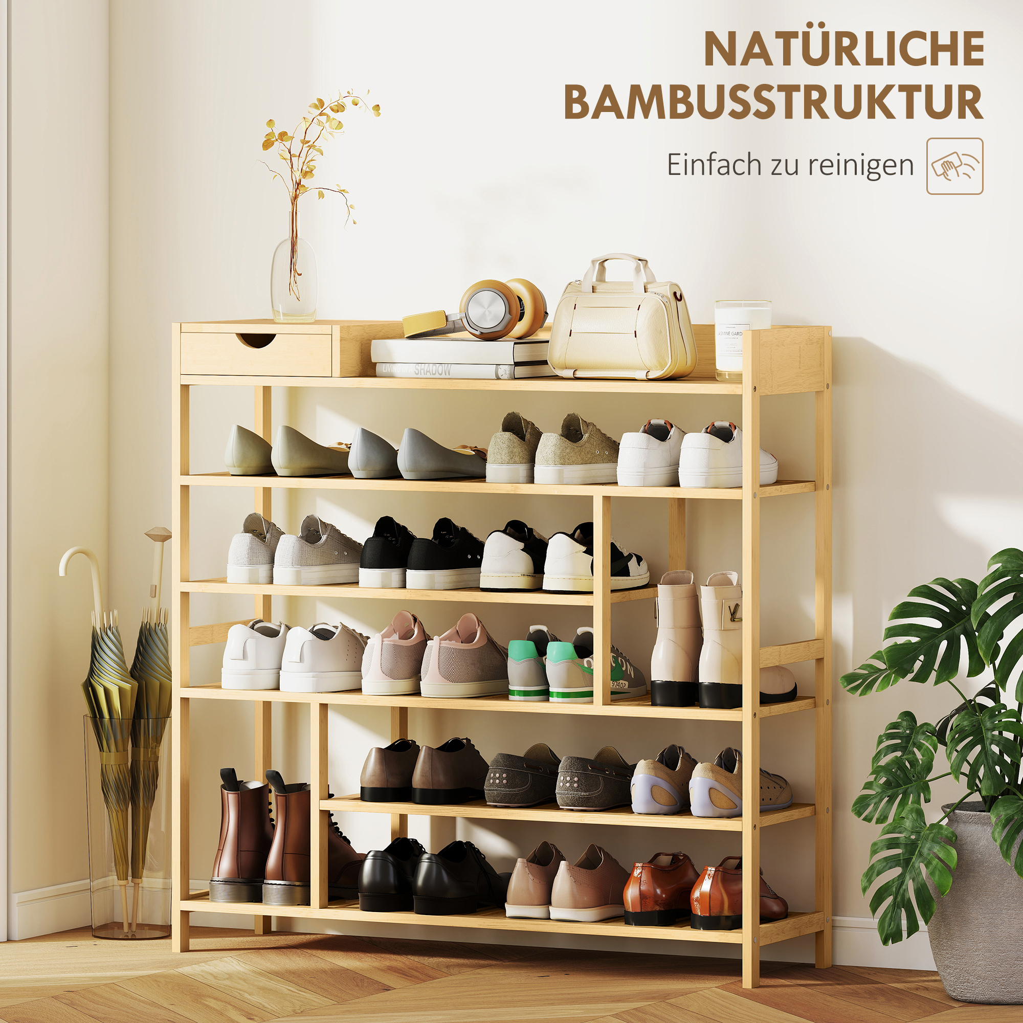 Schuhregal, Schuhständer mit 6 Ebenen, Schublade aus Bambus, für max, 18 Paar Schuhe, Schuhablage für Eingang, Schlafzimmer, 101 x 30 x 100 cm, Natur