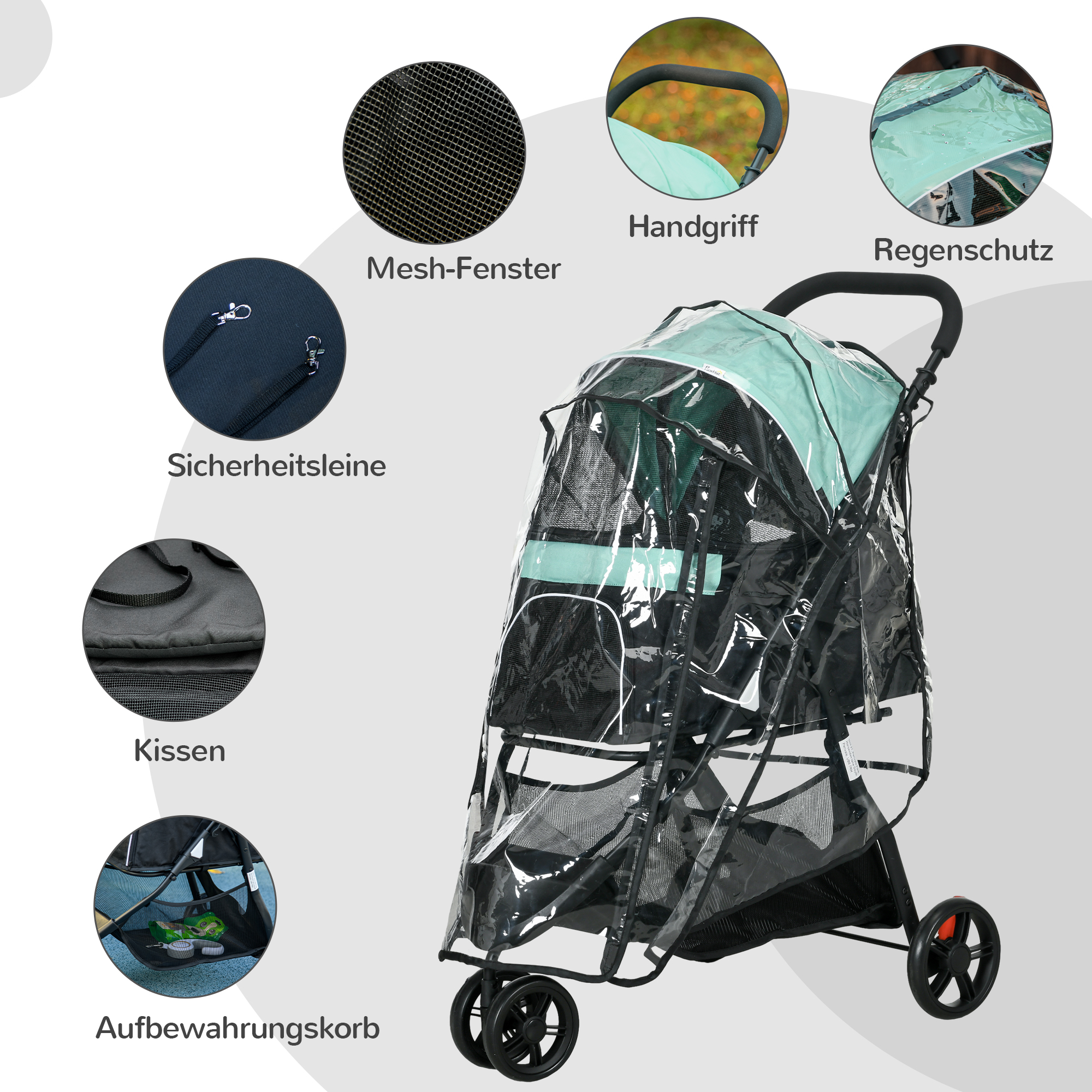Haustierbuggy Hundebuggy, klappbar, mit Regenschutz, 2 Getränkehalter, Blau + Grün