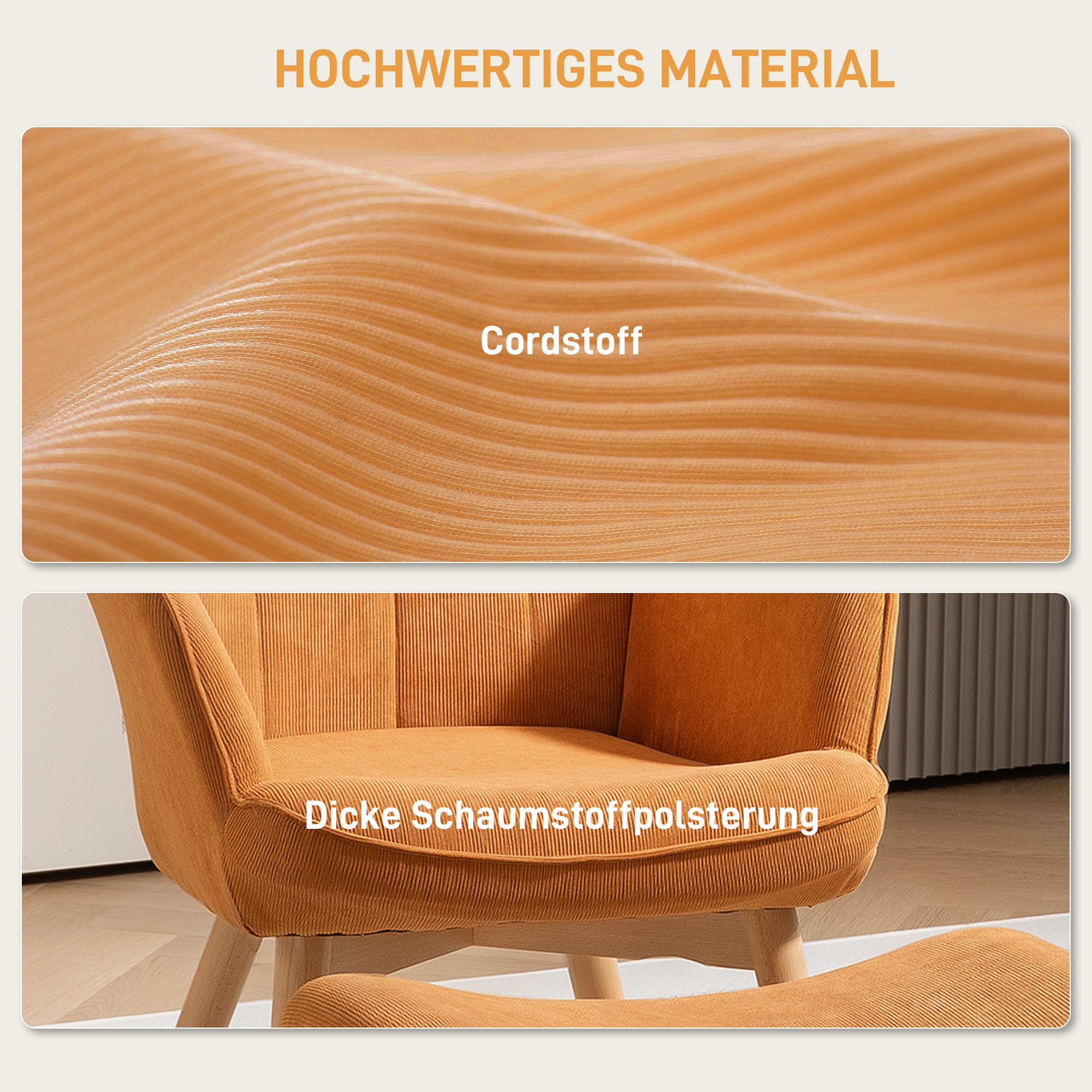 Akzentsessel mit Hocker, Relaxsessel in Cord-Optik, Armlehnstuhl mit Holzbeinen, für Wohnzimmer, Braun