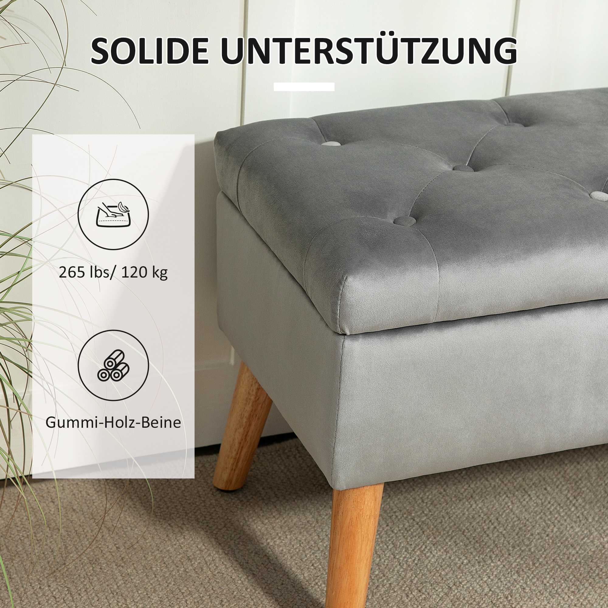 Polsterbank mit Stauraum, Stoffbezug in Samtoptik, Holzbeine, für Wohnzimmer, Schlafzimmer, Flur, 80 x 35 x 40 cm, Grau