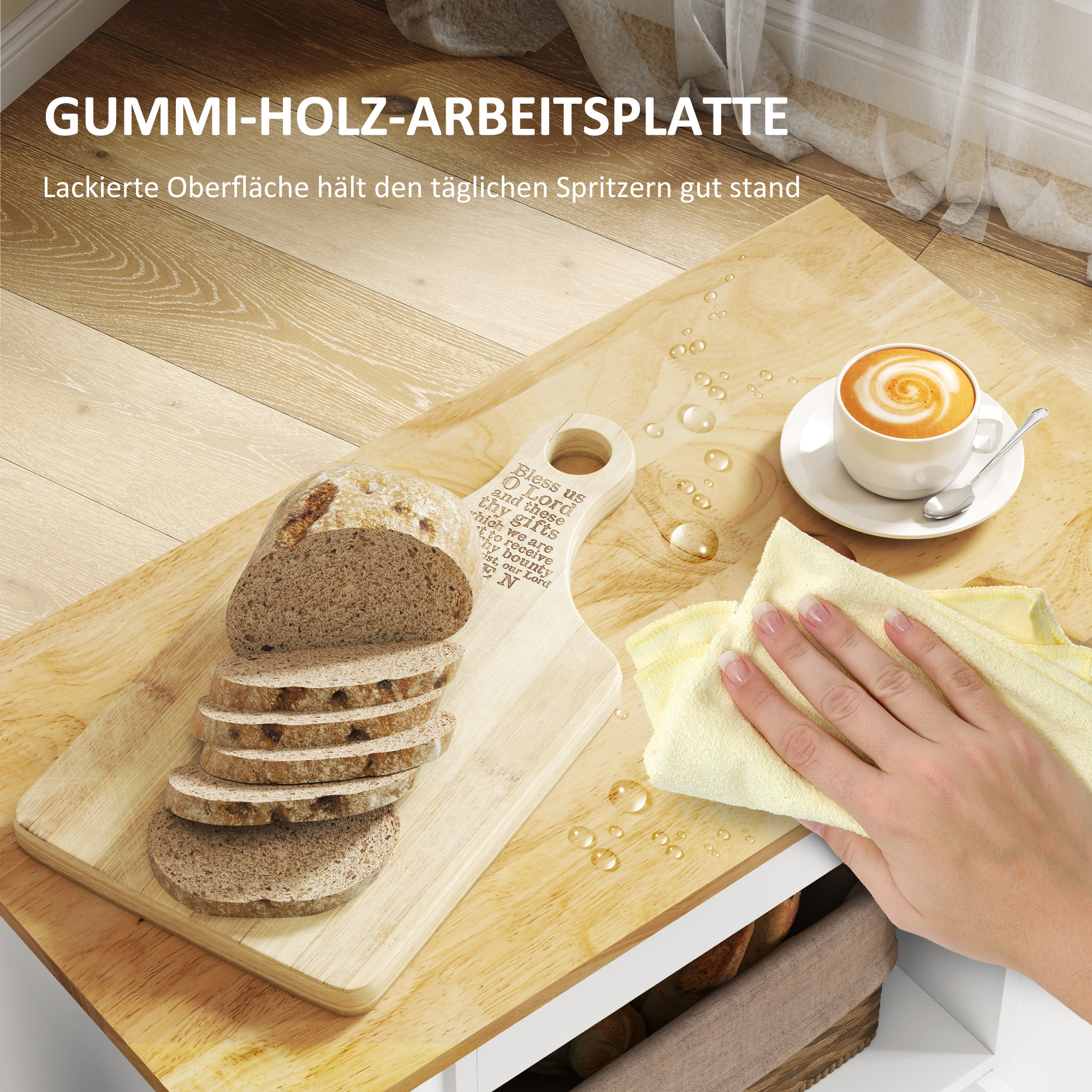 Küchenwagen, Rollbare Kücheninsel, Küchen-Trolley mit Fächern, Weinregalen, Schrank und Arbeitsfläche, Weiß